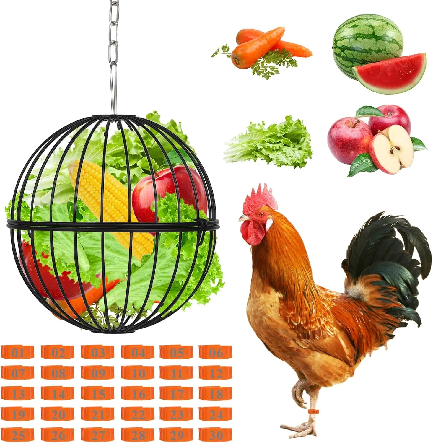 1 Pack Hanging Iron Poultry Feeder - 7.1Inch Large Durable Veggie Treat Ball Chicken Cabbage Feeder