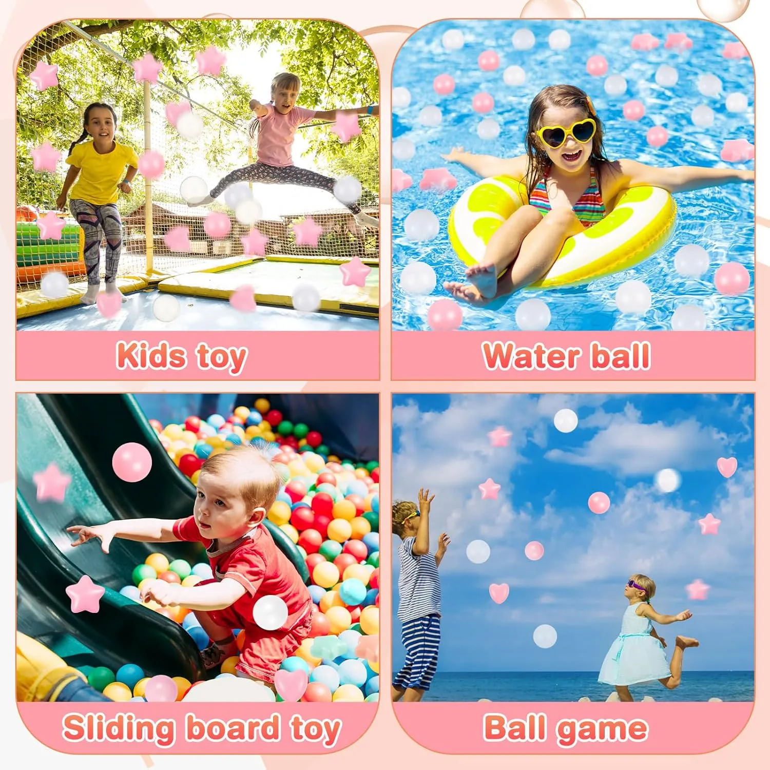 100 Pieces Pink White Clear Plastic Balls for Ball Pit Five Pointed Star Heart Round Ocean Soft Toy 2.17 Inch for Baby Kid Playpen Friendship Party Decoration