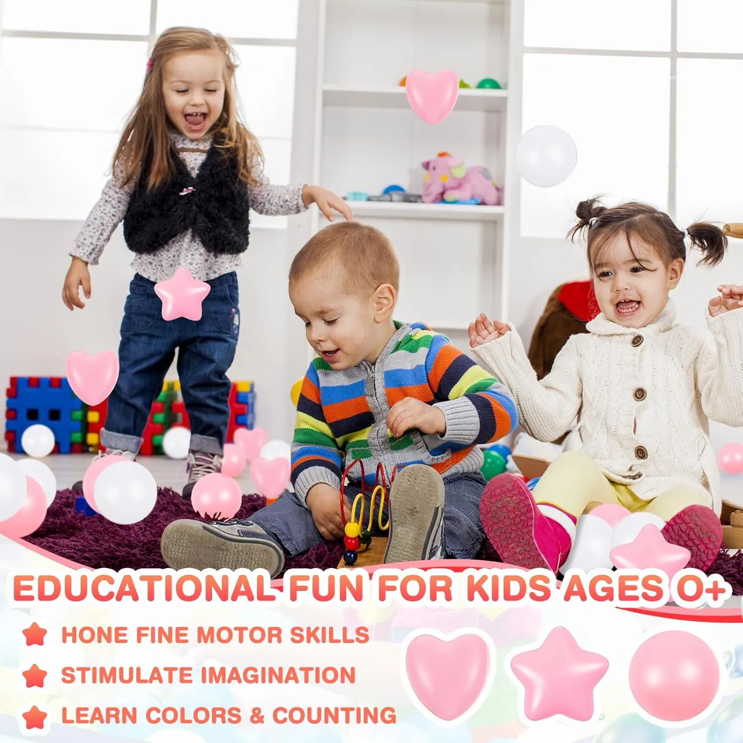 100 Pieces Pink White Clear Plastic Balls for Ball Pit Five Pointed Star Heart Round Ocean Soft Toy 2.17 Inch for Baby Kid Playpen Friendship Party Decoration