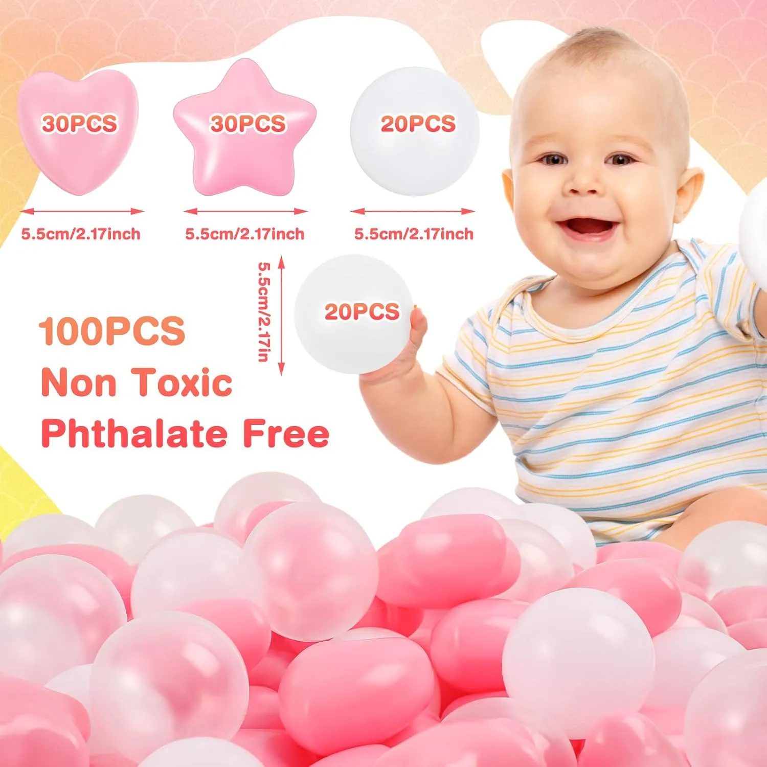 100 Pieces Pink White Clear Plastic Balls for Ball Pit Five Pointed Star Heart Round Ocean Soft Toy 2.17 Inch for Baby Kid Playpen Friendship Party Decoration
