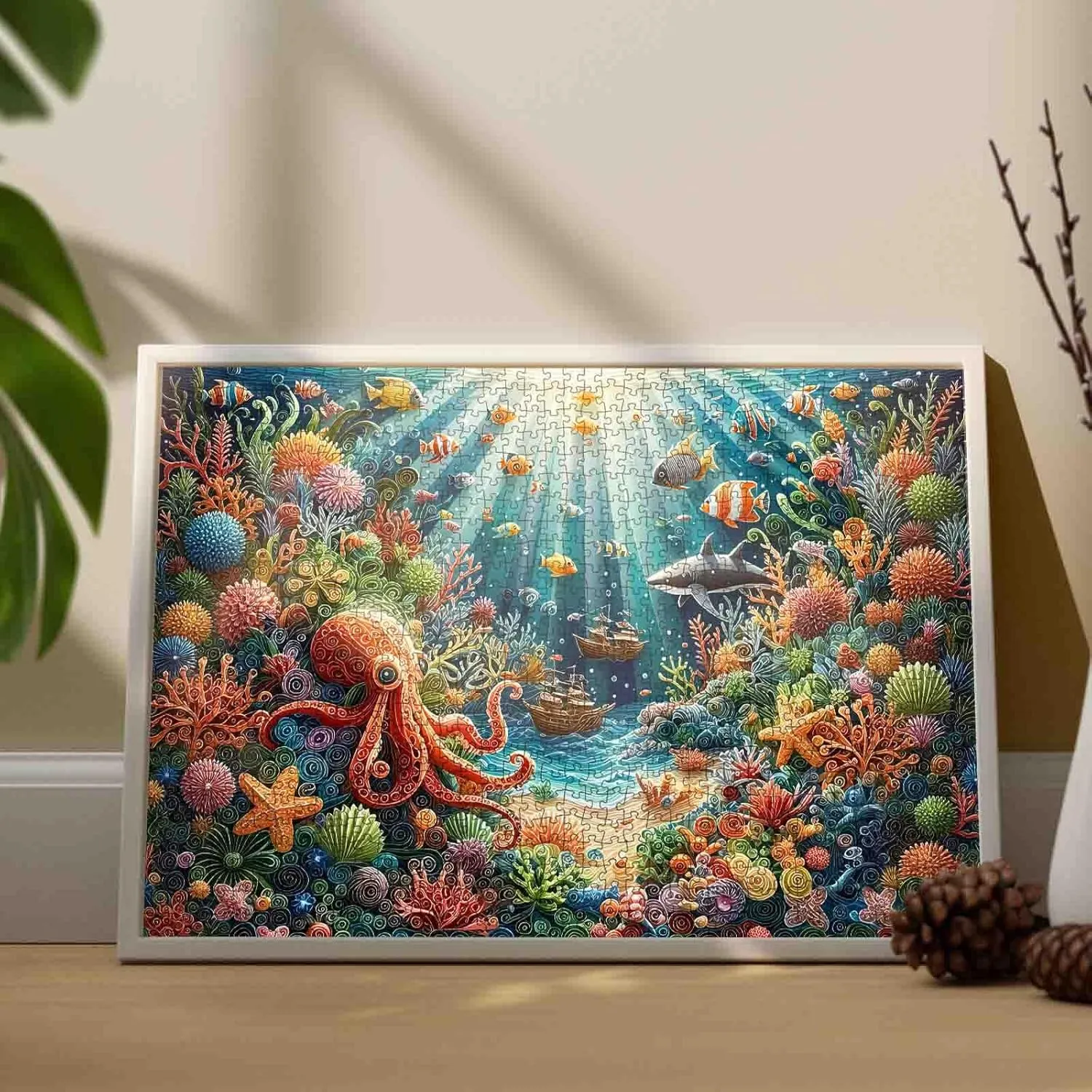 1000 Piece Coral Reef Puzzle Vibrant Underwater Ocean Scene Colorful Fish Octopus Ships Adult Beginner Challenging Family Activity 27x20 Inches