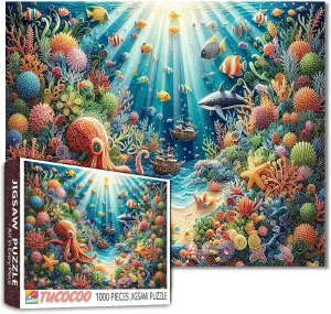 1000 Piece Coral Reef Puzzle Vibrant Underwater Ocean Scene Colorful Fish Octopus Ships Adult Beginner Challenging Family Activity 27x20 Inches