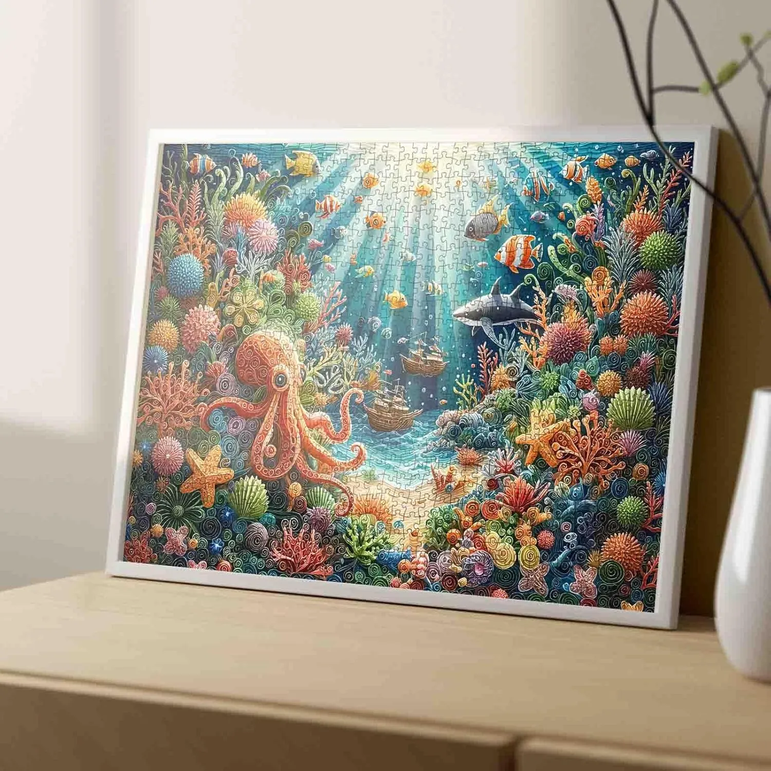 1000 Piece Coral Reef Puzzle Vibrant Underwater Ocean Scene Colorful Fish Octopus Ships Adult Beginner Challenging Family Activity 27x20 Inches