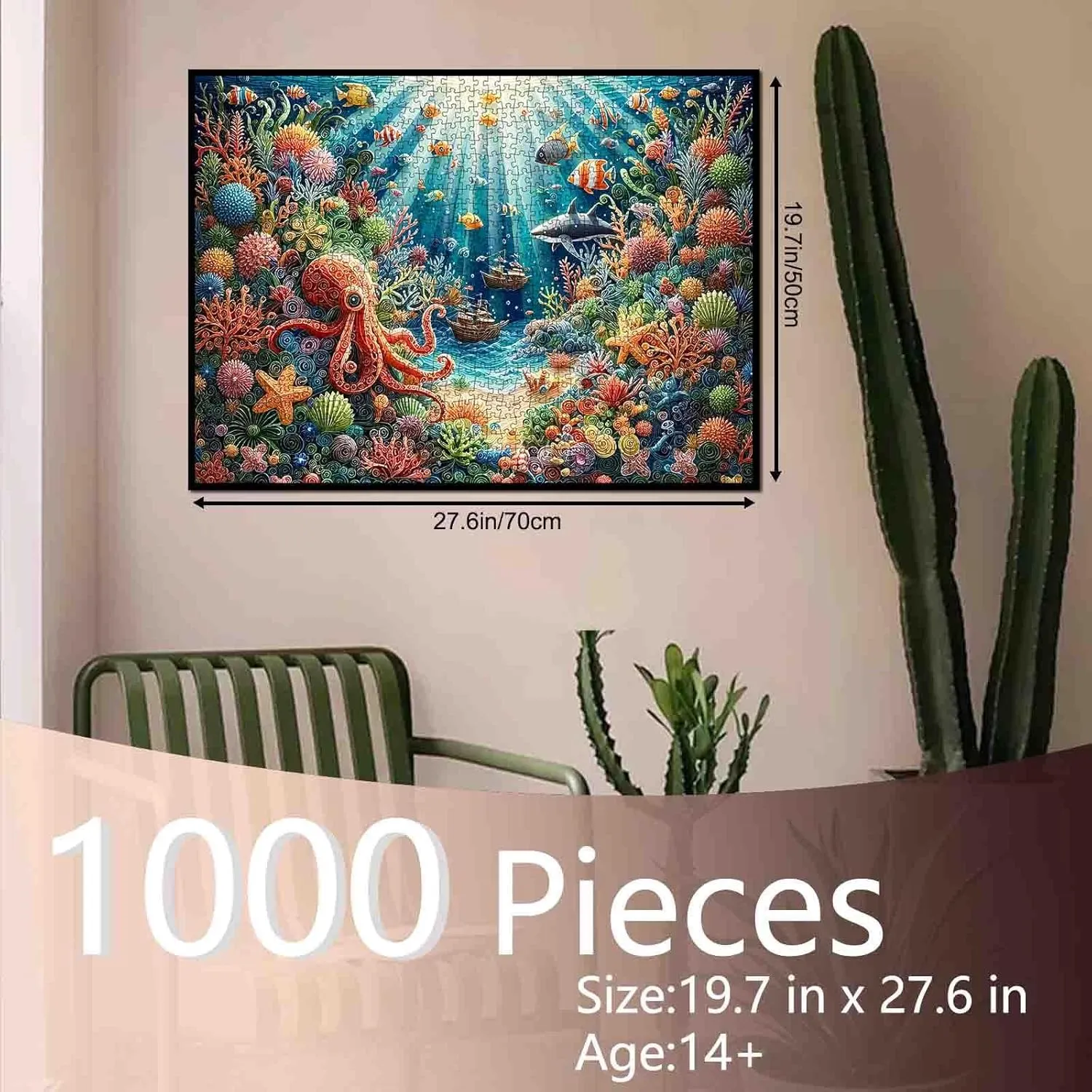 1000 Piece Coral Reef Puzzle Vibrant Underwater Ocean Scene Colorful Fish Octopus Ships Adult Beginner Challenging Family Activity 27x20 Inches