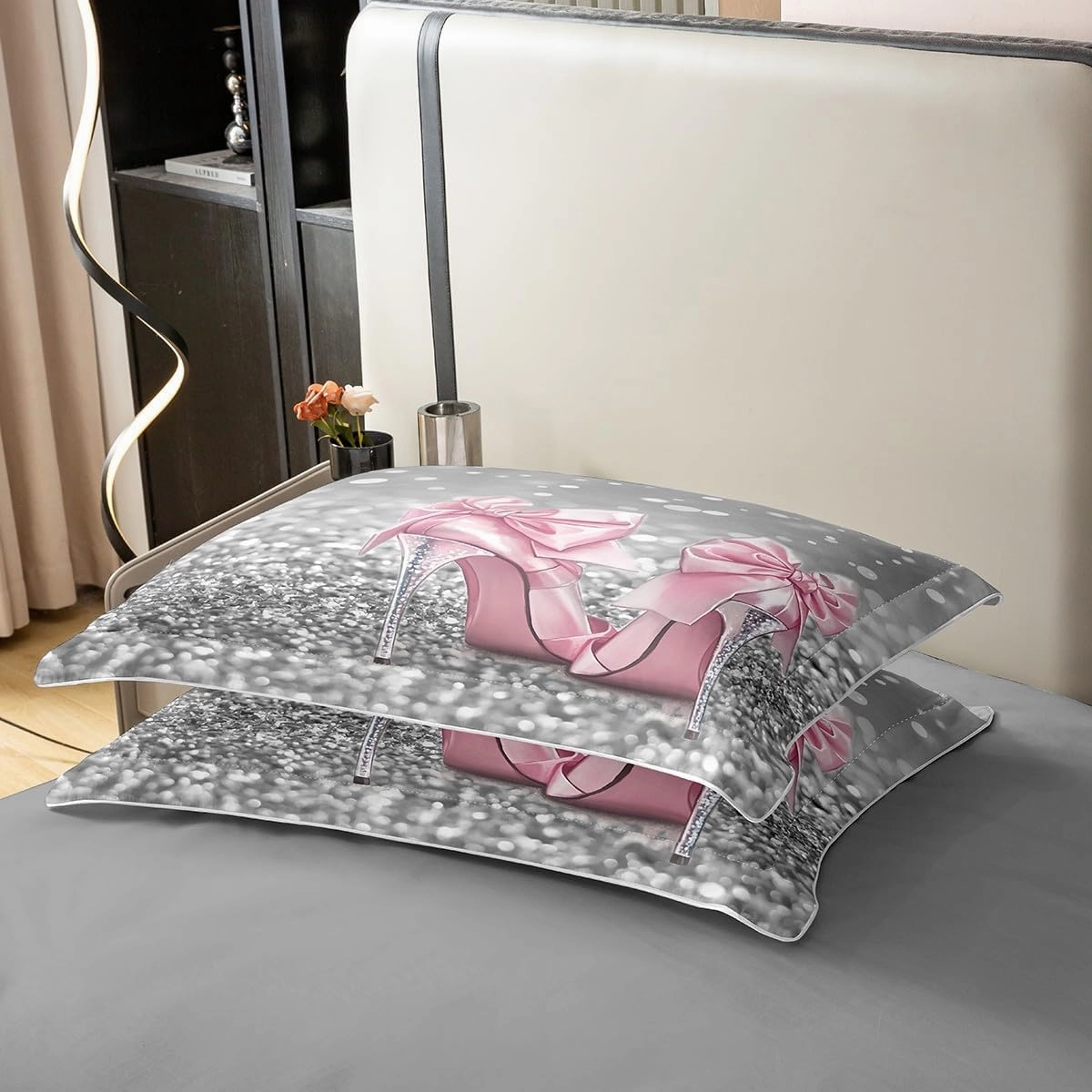 100% Cotton Pink Bowknot High Heels Duvet Cover Queen Size 3D Abstract Glitter Gray Diamond Decor Bedding Set for Girls Teens Women French Romantic Style Comforter Cover,2 Pillowcases,No Comforter