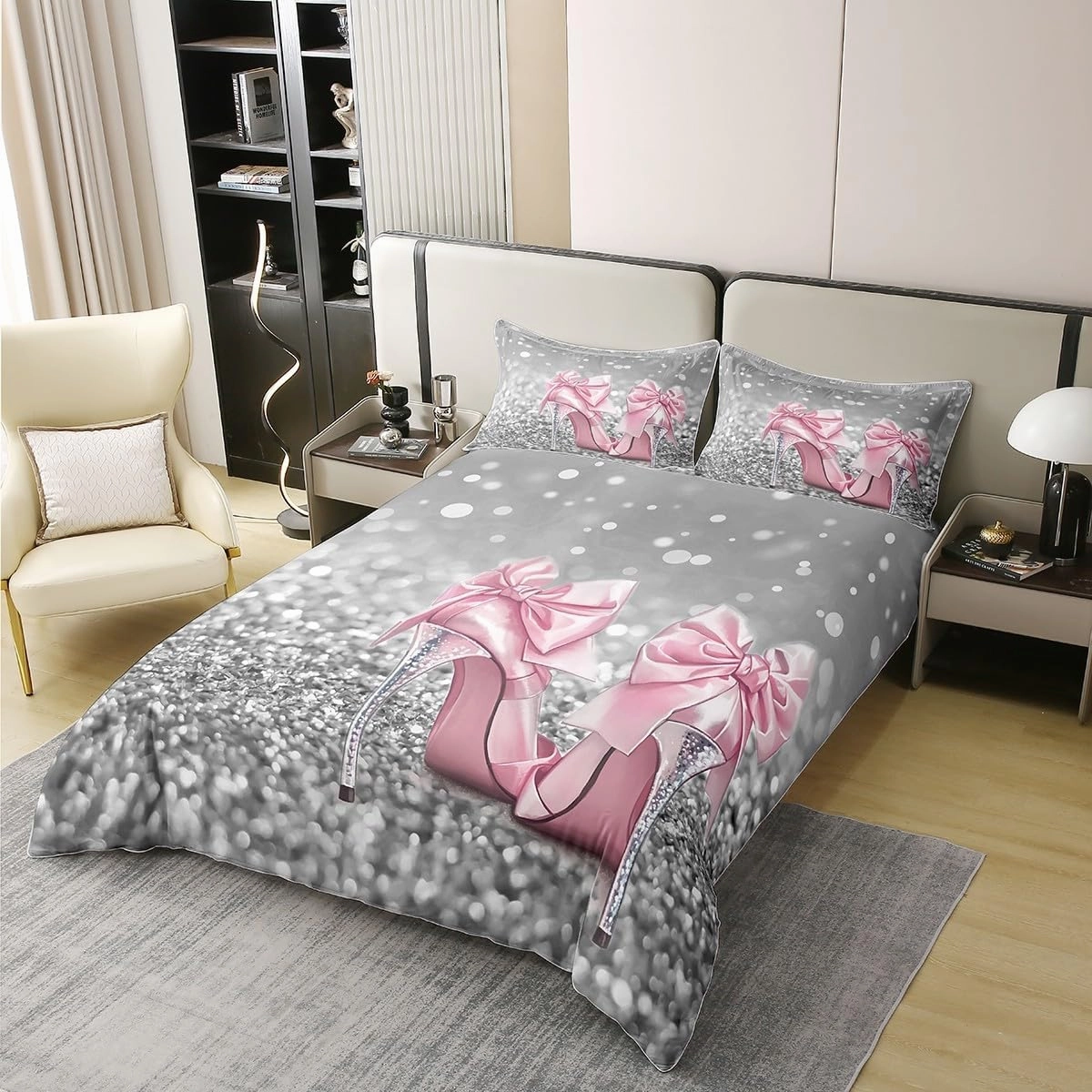 100% Cotton Pink Bowknot High Heels Duvet Cover Queen Size 3D Abstract Glitter Gray Diamond Decor Bedding Set for Girls Teens Women French Romantic Style Comforter Cover,2 Pillowcases,No Comforter