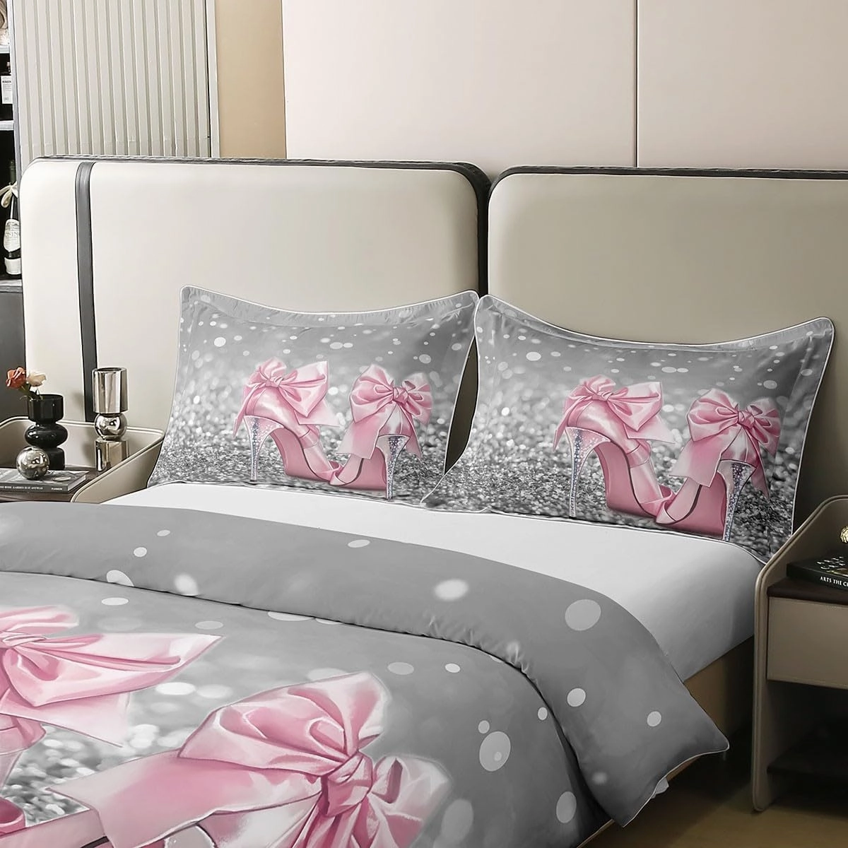 100% Cotton Pink Bowknot High Heels Duvet Cover Queen Size 3D Abstract Glitter Gray Diamond Decor Bedding Set for Girls Teens Women French Romantic Style Comforter Cover,2 Pillowcases,No Comforter