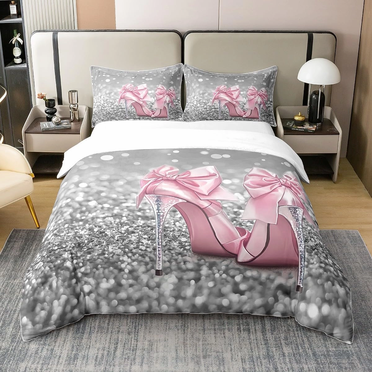 100% Cotton Pink Bowknot High Heels Duvet Cover Queen Size 3D Abstract Glitter Gray Diamond Decor Bedding Set for Girls Teens Women French Romantic Style Comforter Cover,2 Pillowcases,No Comforter