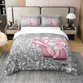 100% Cotton Pink Bowknot High Heels Duvet Cover Queen Size 3D Abstract Glitter Gray Diamond Decor Bedding Set for Girls Teens Women French Romantic Style Comforter Cover,2 Pillowcases,No Comforter