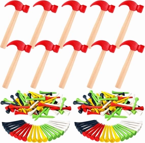 10 Pcs Kids Wooden Hammer Toy with 100 Pcs Colorful Wood Golf Tees, Small Plastic Hammer Simulation Hammers Educational Toys for Children Gift Birthday Party (Red)