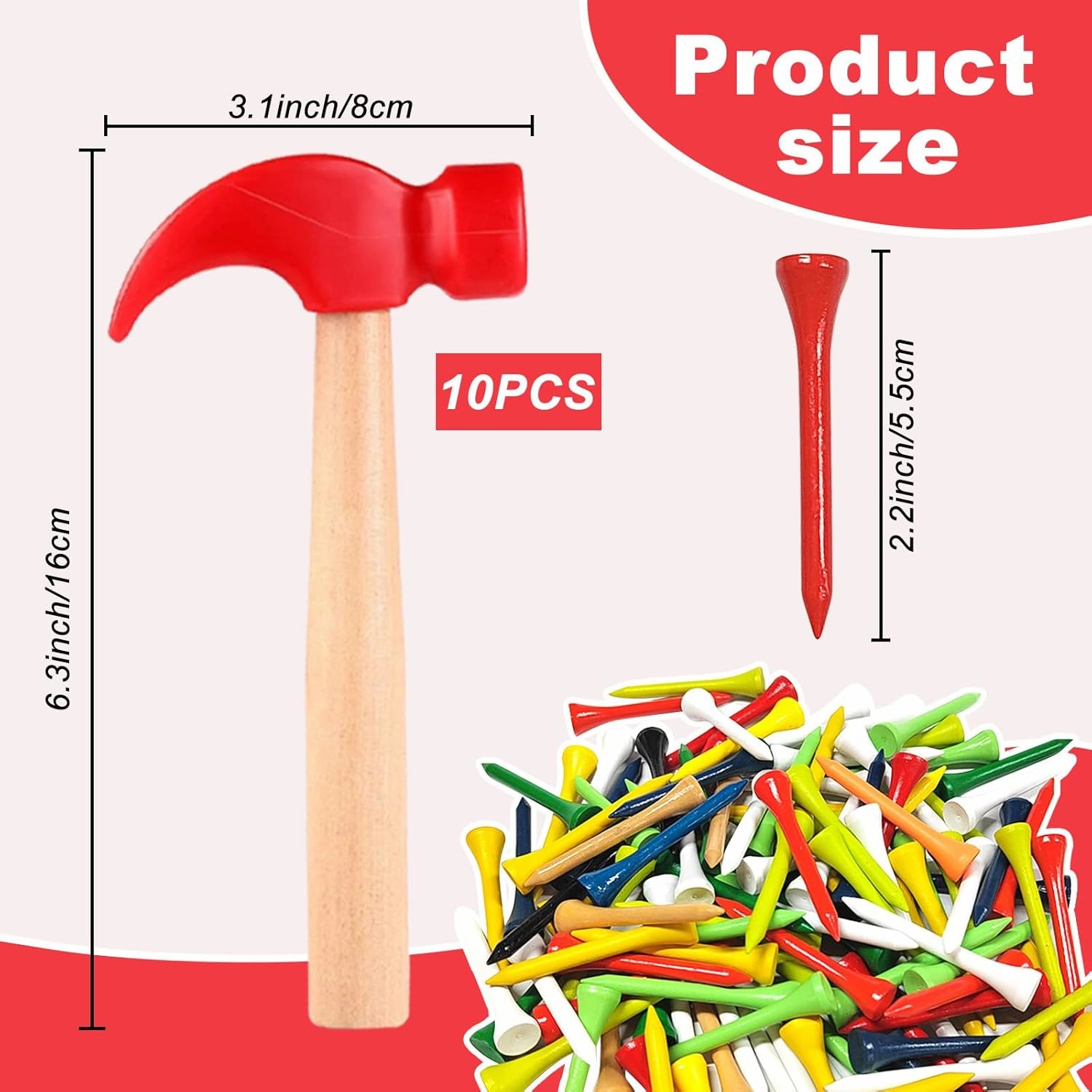 10 Pcs Kids Wooden Hammer Toy with 100 Pcs Colorful Wood Golf Tees, Small Plastic Hammer Simulation Hammers Educational Toys for Children Gift Birthday Party (Red)