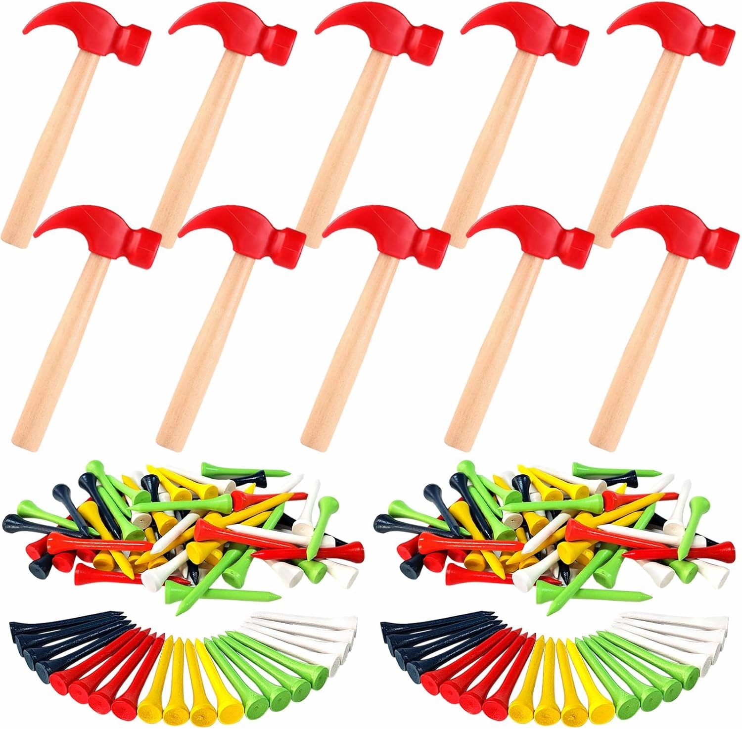 10 Pcs Kids Wooden Hammer Toy with 100 Pcs Colorful Wood Golf Tees, Small Plastic Hammer Simulation Hammers Educational Toys for Children Gift Birthday Party (Red)