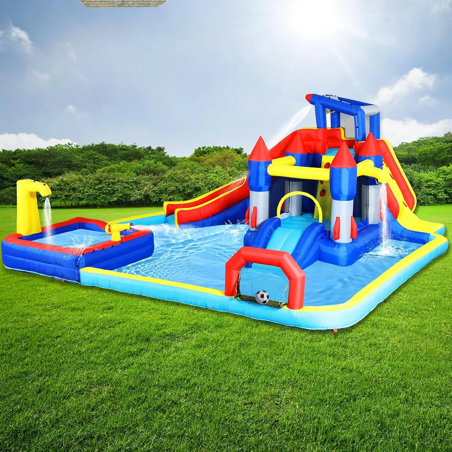 10ft Inflatable Water Park Slide - Bounce House with Splash Pool, Water Gun, Basketball Hoop, Climbing Wall & Dual Pools for Backyard Outdoor Kids Party