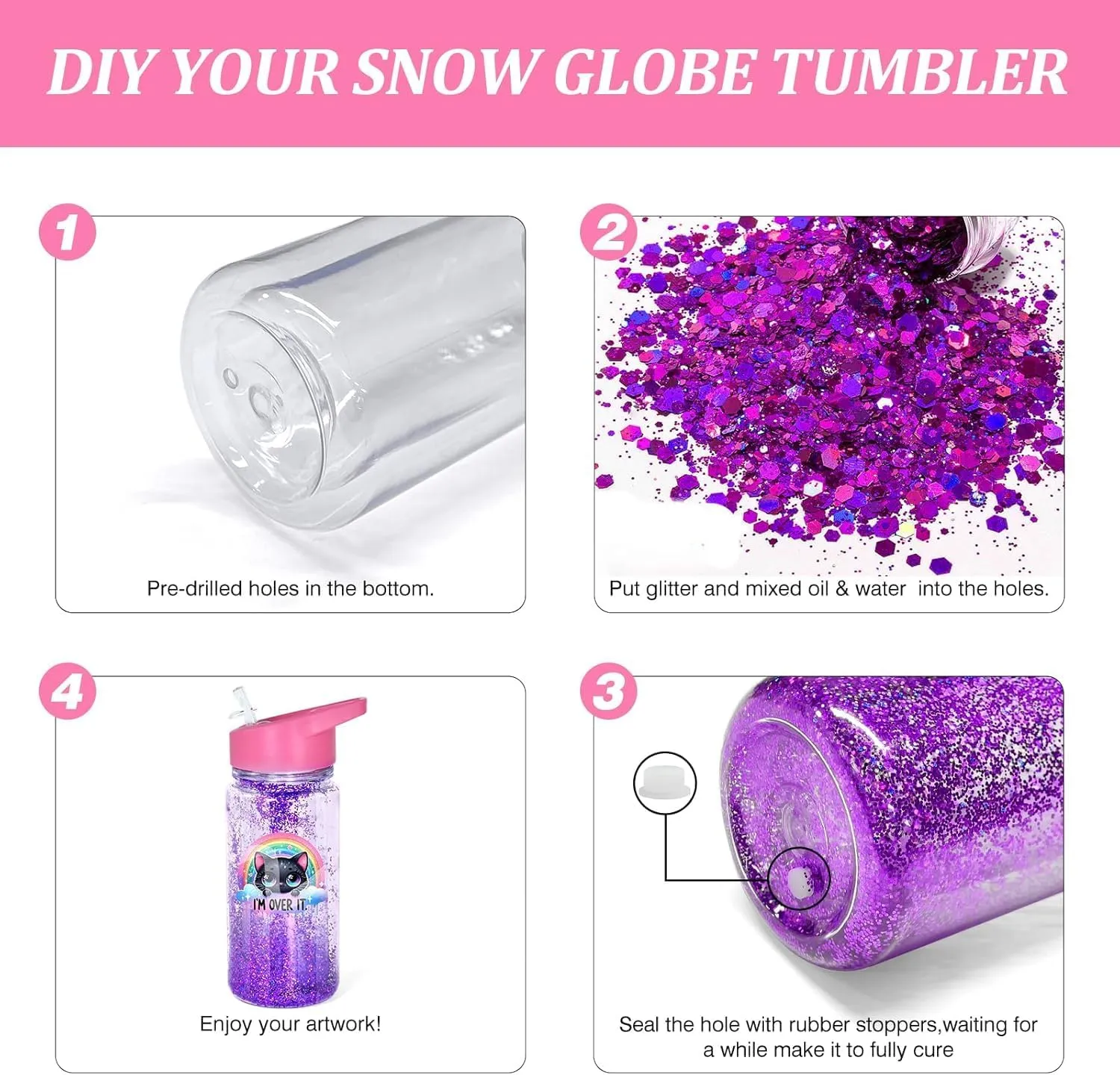 10oz 4 Pack Double Wall Clear Water Bottle Bulk Plastic Snow Globe Tumbler with Handle Lid, Acrylic Pre-Drilled Hole With Stopper Sippy Snow Globe Kid Water Bottle for Scool Sport DIY Gift