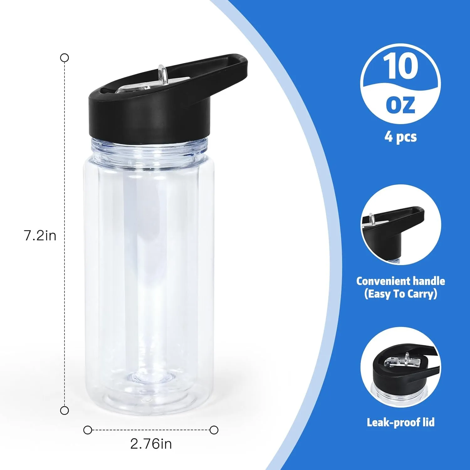 10oz 4 Pack Double Wall Clear Water Bottle Bulk Plastic Snow Globe Tumbler with Handle Lid, Acrylic Pre-Drilled Hole With Stopper Sippy Snow Globe Kid Water Bottle for Scool Sport DIY Gift
