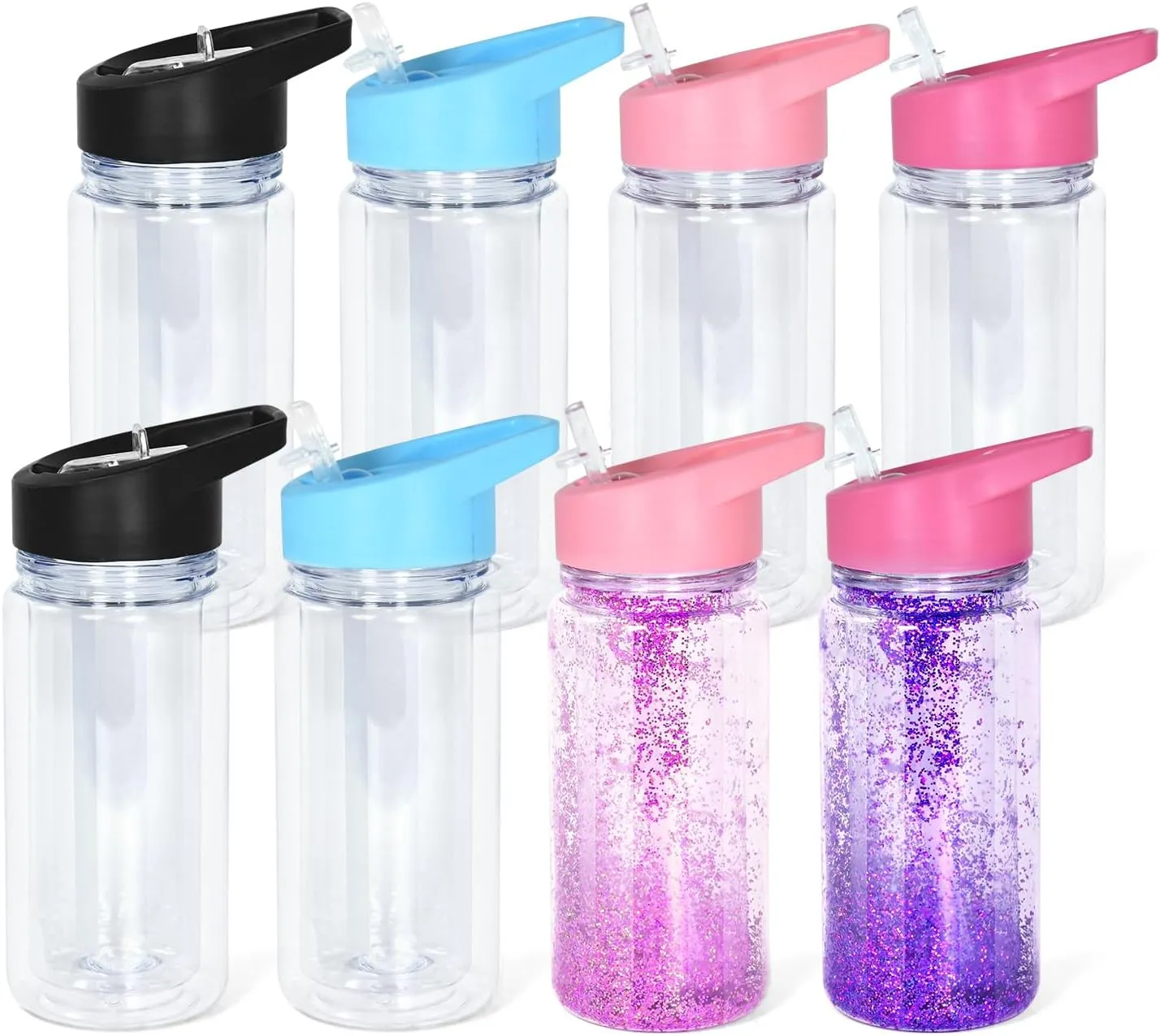 10oz 8 Pack Double Wall Clear Water Bottle Bulk Plastic Snow Globe Tumbler with Handle Lid, Acrylic Pre-Drilled Hole With Stopper Sippy Snow Globe Kid Water Bottle for Scool Sport DIY Gift