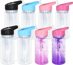 10oz 8 Pack Double Wall Clear Water Bottle Bulk Plastic Snow Globe Tumbler with Handle Lid, Acrylic Pre-Drilled Hole With Stopper Sippy Snow Globe Kid Water Bottle for Scool Sport DIY Gift