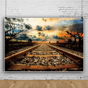 10x8FT Old Train Track Backdrop Vintage Railway Station Photography Background for Photoshoot Nature Scenery Sunset Photography Background