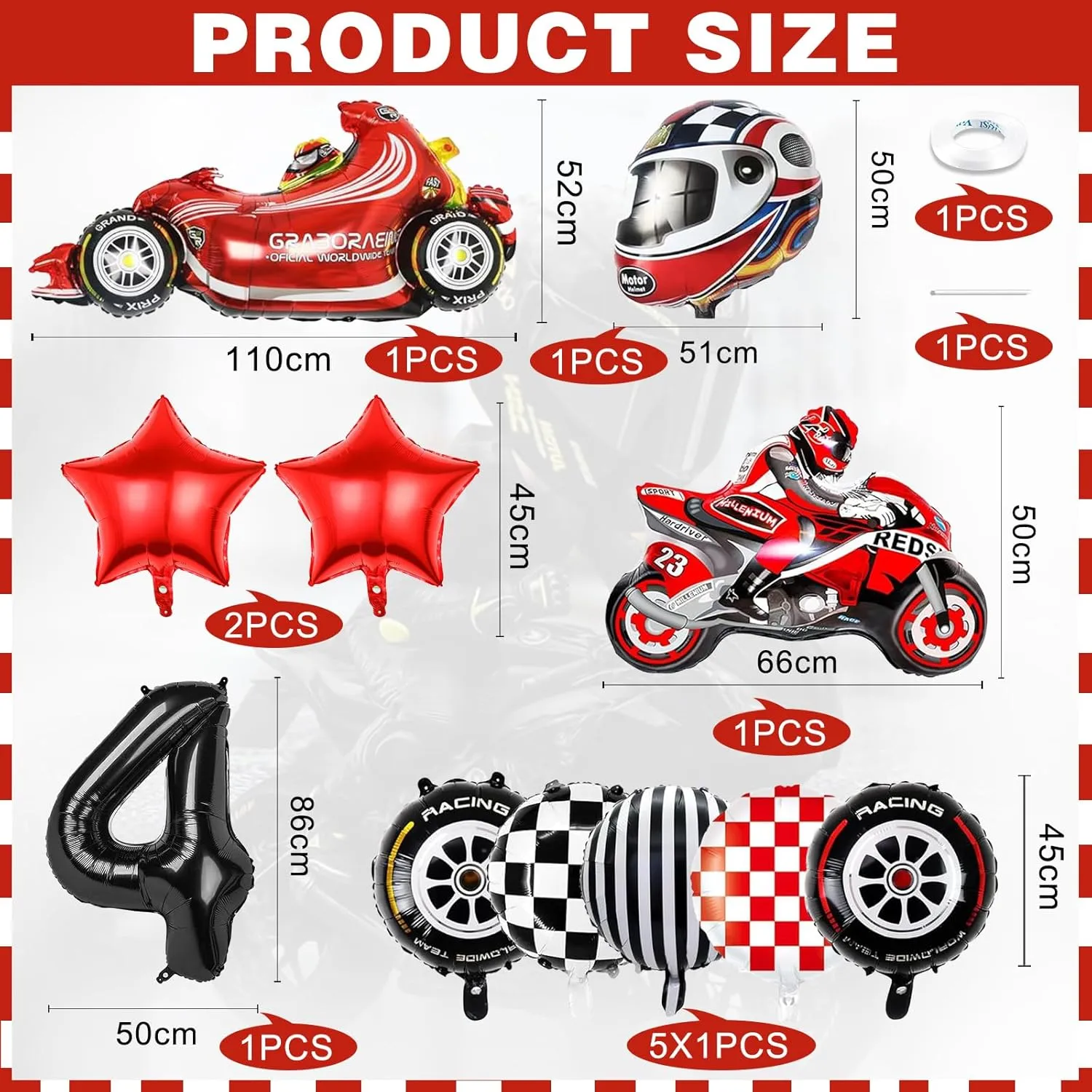 11 Pieces Car Racing Balloons Birthday Set of 4 Years Boy, Motorcycle Balloon Foil Decoration, Foil Balloon for Birthday Party Theme Racing Grid Children