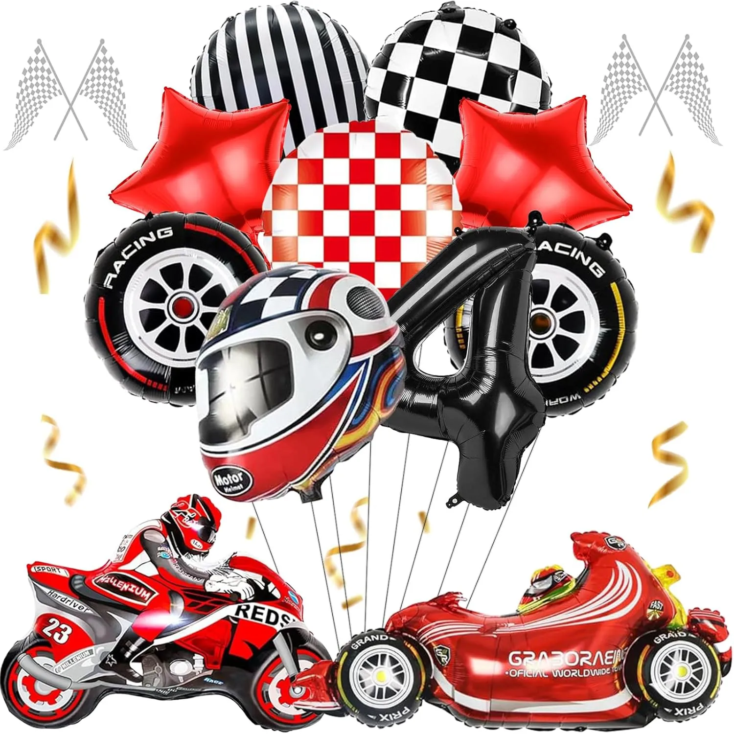 11 Pieces Car Racing Balloons Birthday Set of 4 Years Boy, Motorcycle Balloon Foil Decoration, Foil Balloon for Birthday Party Theme Racing Grid Children