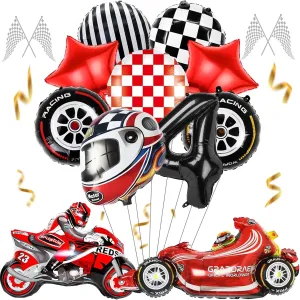11 Pieces Car Racing Balloons Birthday Set of 4 Years Boy, Motorcycle Balloon Foil Decoration, Foil Balloon for Birthday Party Theme Racing Grid Children