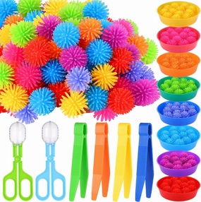 110 Pcs Fine Motor Toys Counting Sorting Sensory Bin Filler Toy Set Matching Game Include 96 Hedge Balls 8 Sorting Cups 4 Tweezers 2 Scissors Clips for Preschool Early Education Train Development