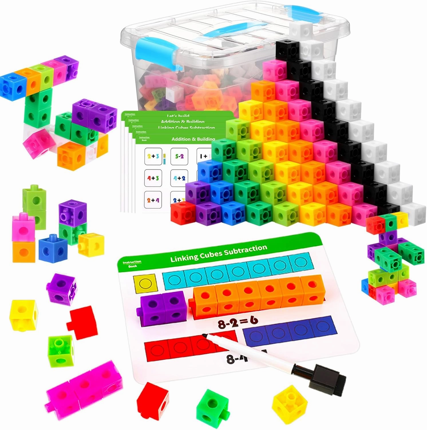 119 Pcs Manipulative Cubes with Activity Cards Linking Cubes Activity Set with Storage Container Connecting Blocks Set Educational Toy for Age 4-8 Preschool