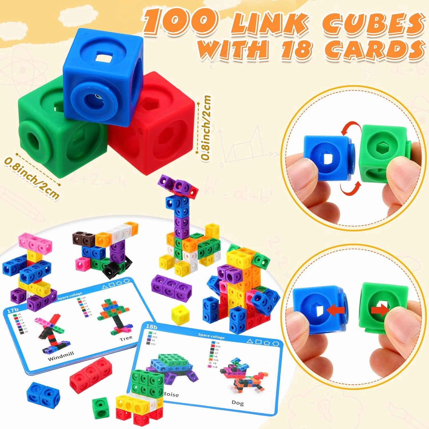 119 Pcs Math Cubes with Activity Cards Counting Blocks with Storage Linking Cubes Activity Set Math Manipulatives Connecting Blocks Kindergarten STEM Activities for Preschool