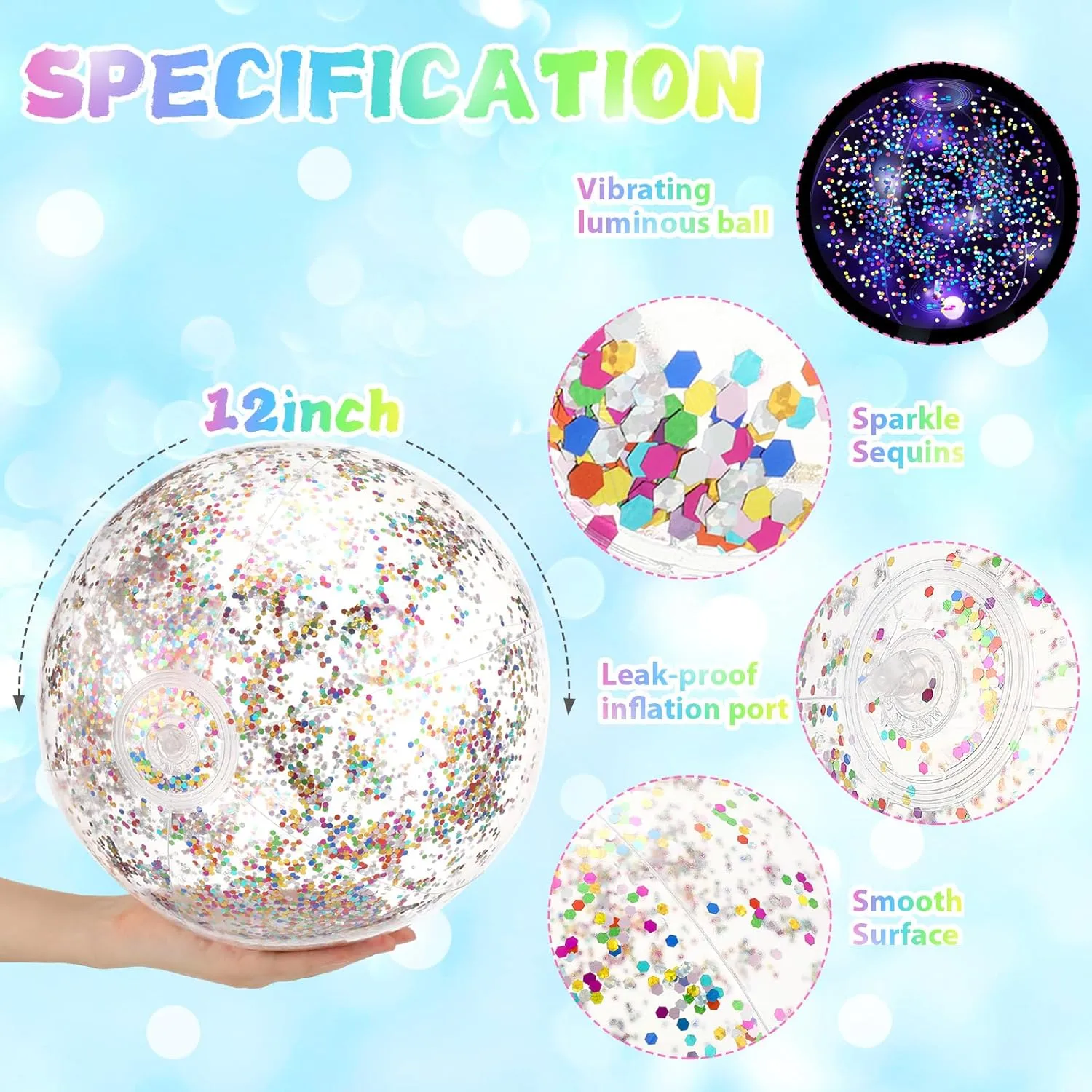 12 Pack 12 Inch Glow in The Dark LED Beach Ball Jumbo Confetti Glitters Inflatable Ball Swimming Pool for Party Pool Summer(Colorful)