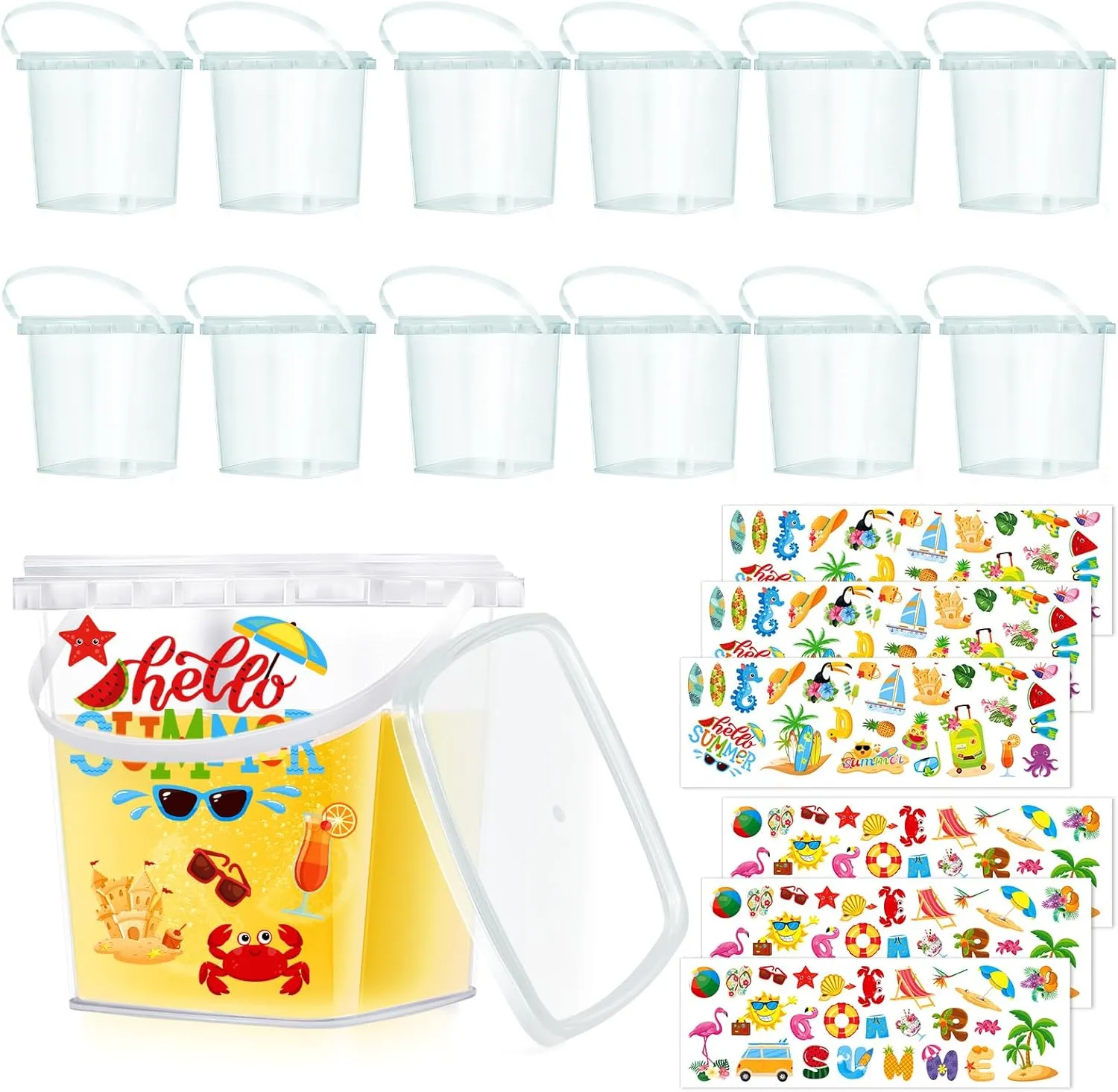 12 Pcs 34 oz Buckets for Drinks Ice Cream Buckets with Lids and Handles 150 Summer Stickers Cocktail Rum Bucket Clear Plastic Containers Reusable Plastic Pail for Summer Beach Party Supplies