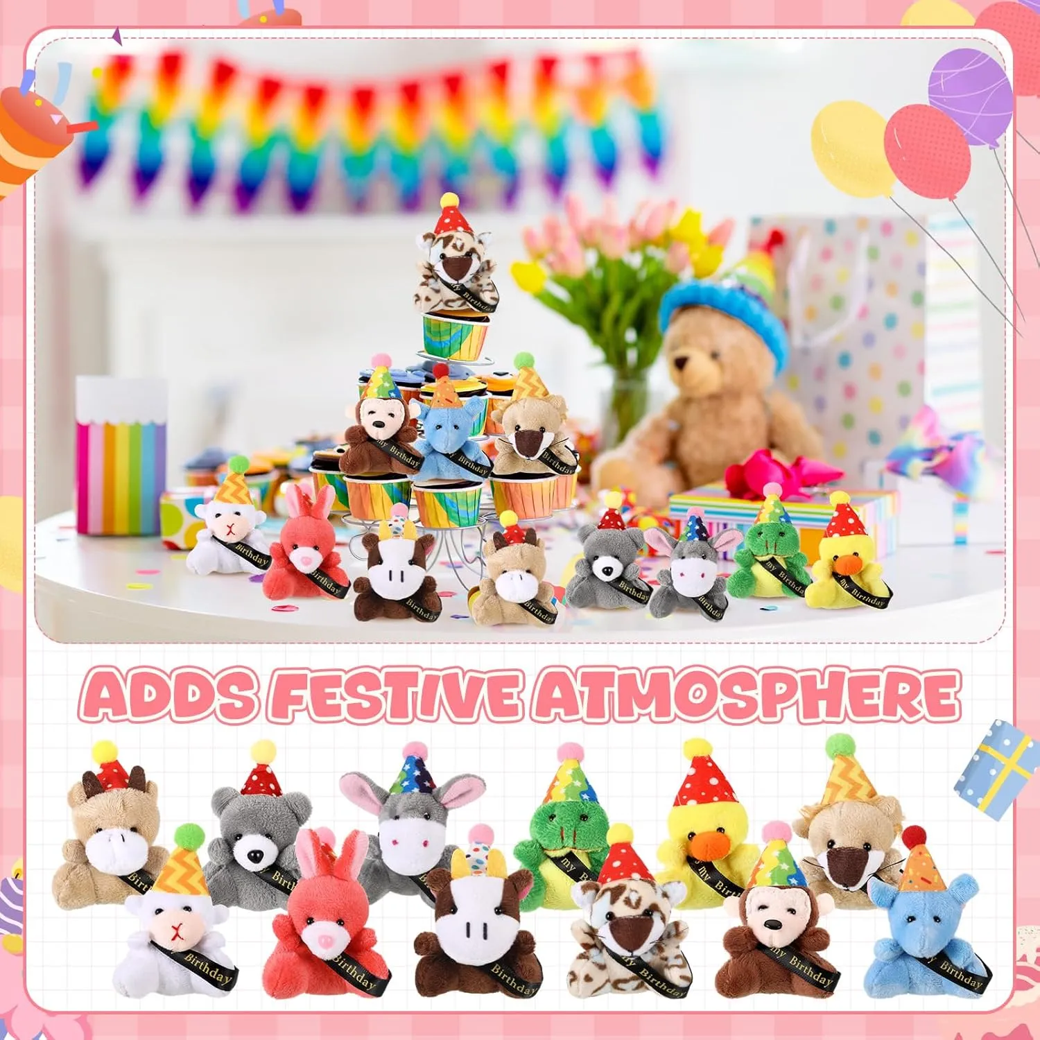 12 Pcs Birthday Mini Plush Toys Small Stuffed Animals with Hat and Ribbon Birthday Plush Keychain Mini Plushies Gift Set for Decoration Gifts Reward