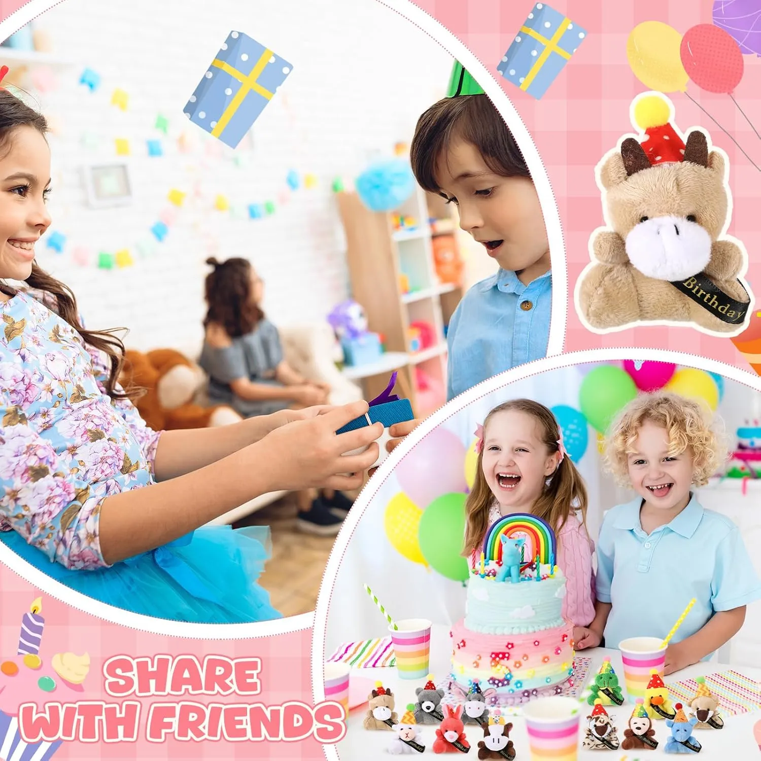 12 Pcs Birthday Mini Plush Toys Small Stuffed Animals with Hat and Ribbon Birthday Plush Keychain Mini Plushies Gift Set for Decoration Gifts Reward