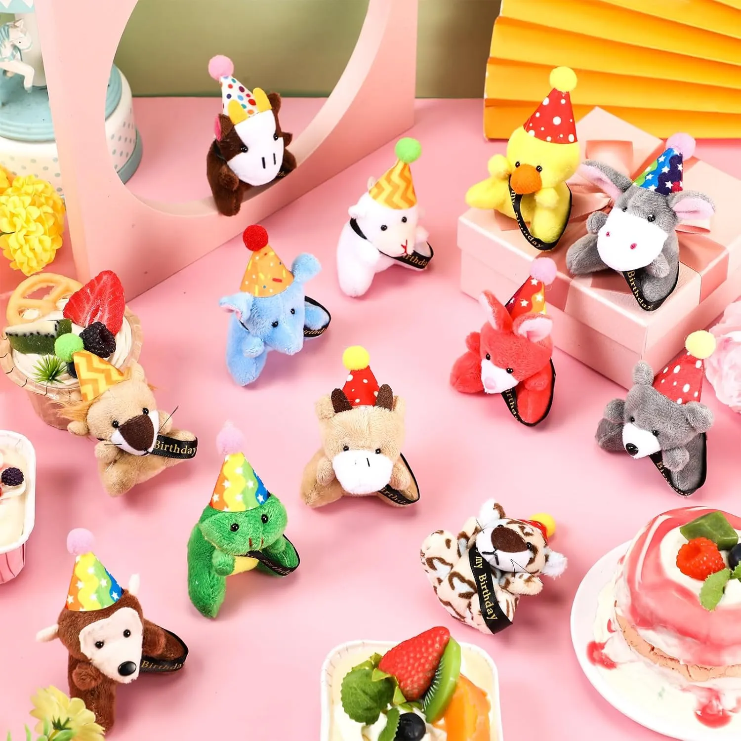 12 Pcs Birthday Mini Plush Toys Small Stuffed Animals with Hat and Ribbon Birthday Plush Keychain Mini Plushies Gift Set for Decoration Gifts Reward