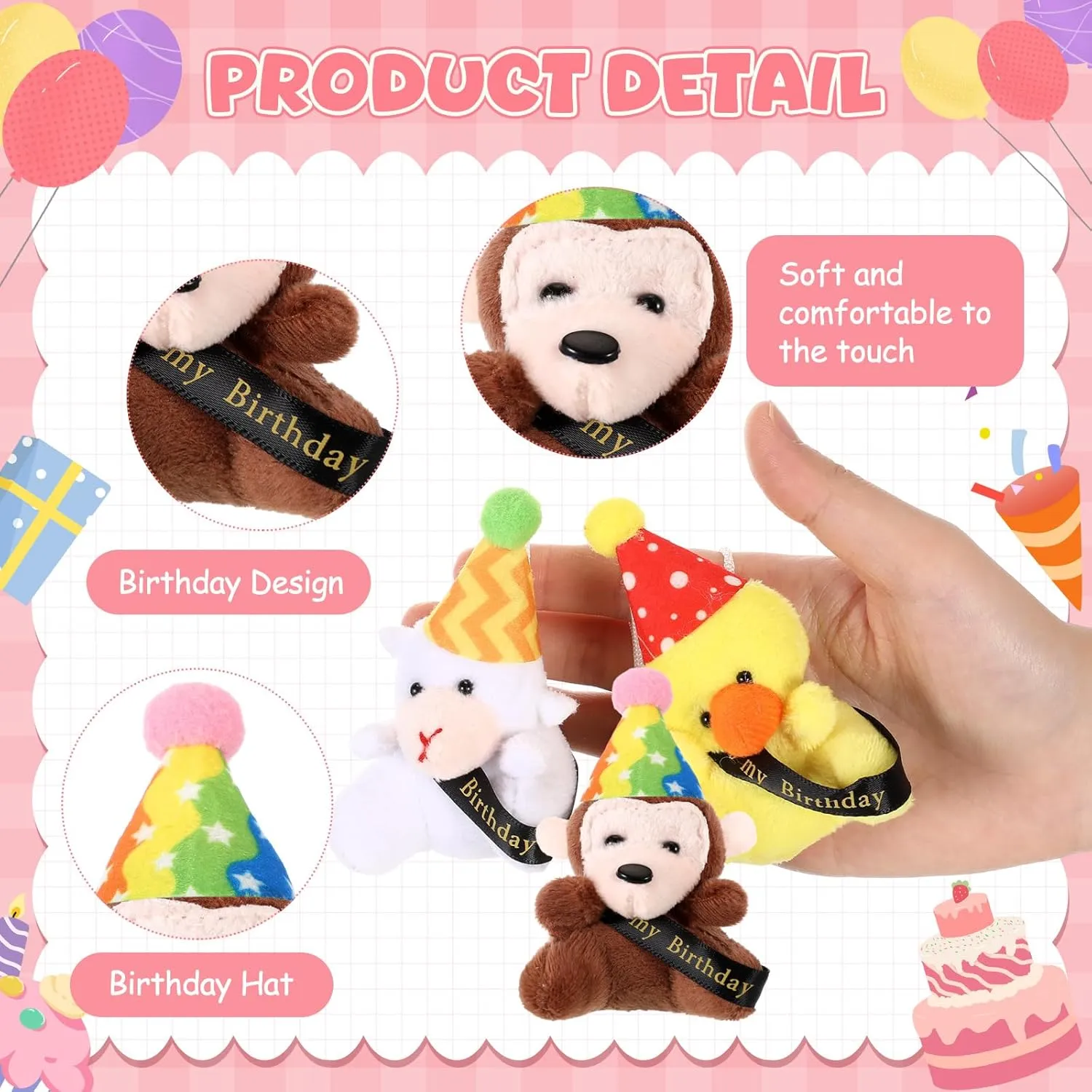 12 Pcs Birthday Mini Plush Toys Small Stuffed Animals with Hat and Ribbon Birthday Plush Keychain Mini Plushies Gift Set for Decoration Gifts Reward