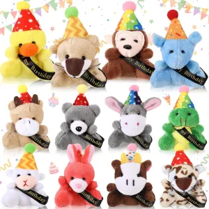 12 Pcs Birthday Mini Plush Toys Small Stuffed Animals with Hat and Ribbon Birthday Plush Keychain Mini Plushies Gift Set for Decoration Gifts Reward