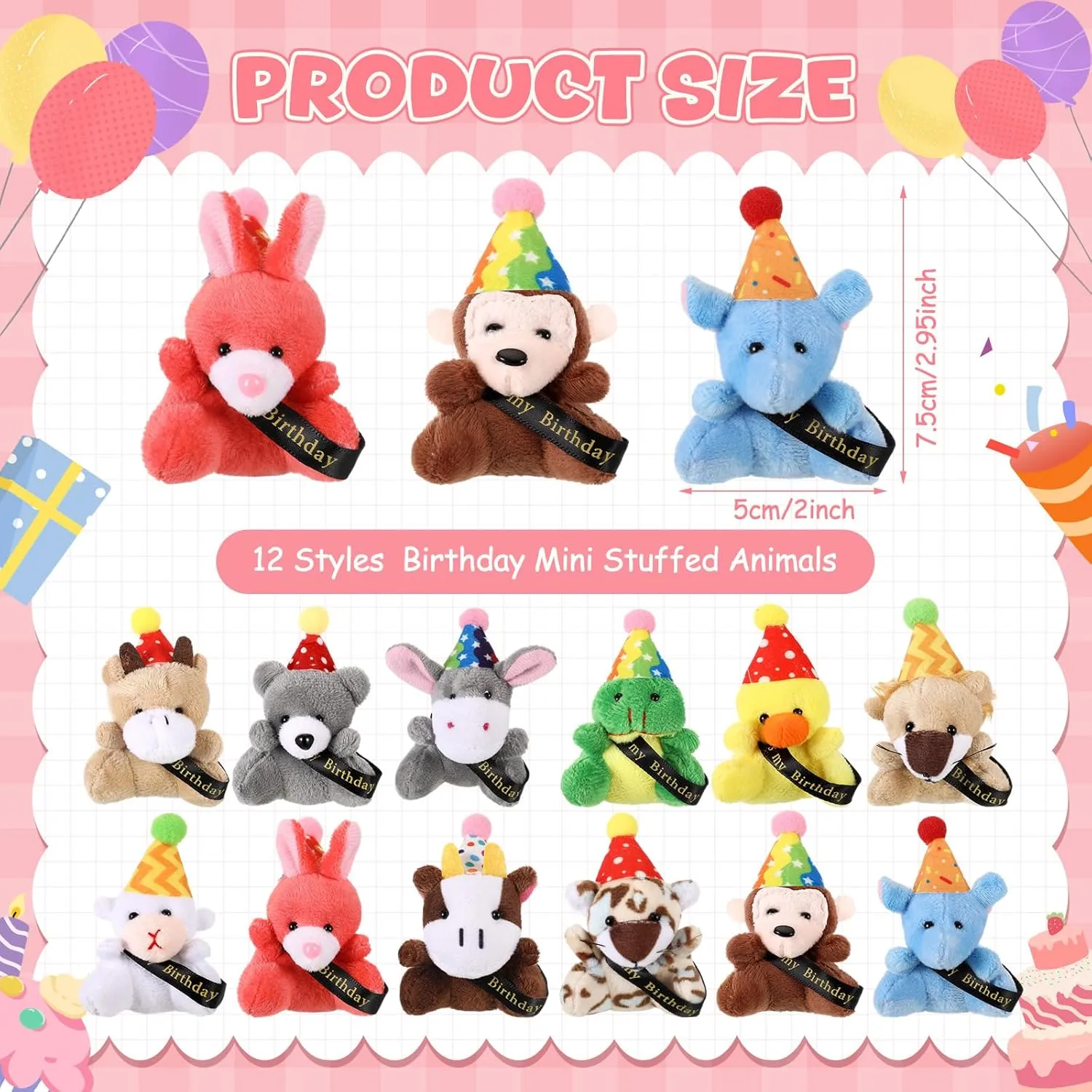 12 Pcs Birthday Mini Plush Toys Small Stuffed Animals with Hat and Ribbon Birthday Plush Keychain Mini Plushies Gift Set for Decoration Gifts Reward