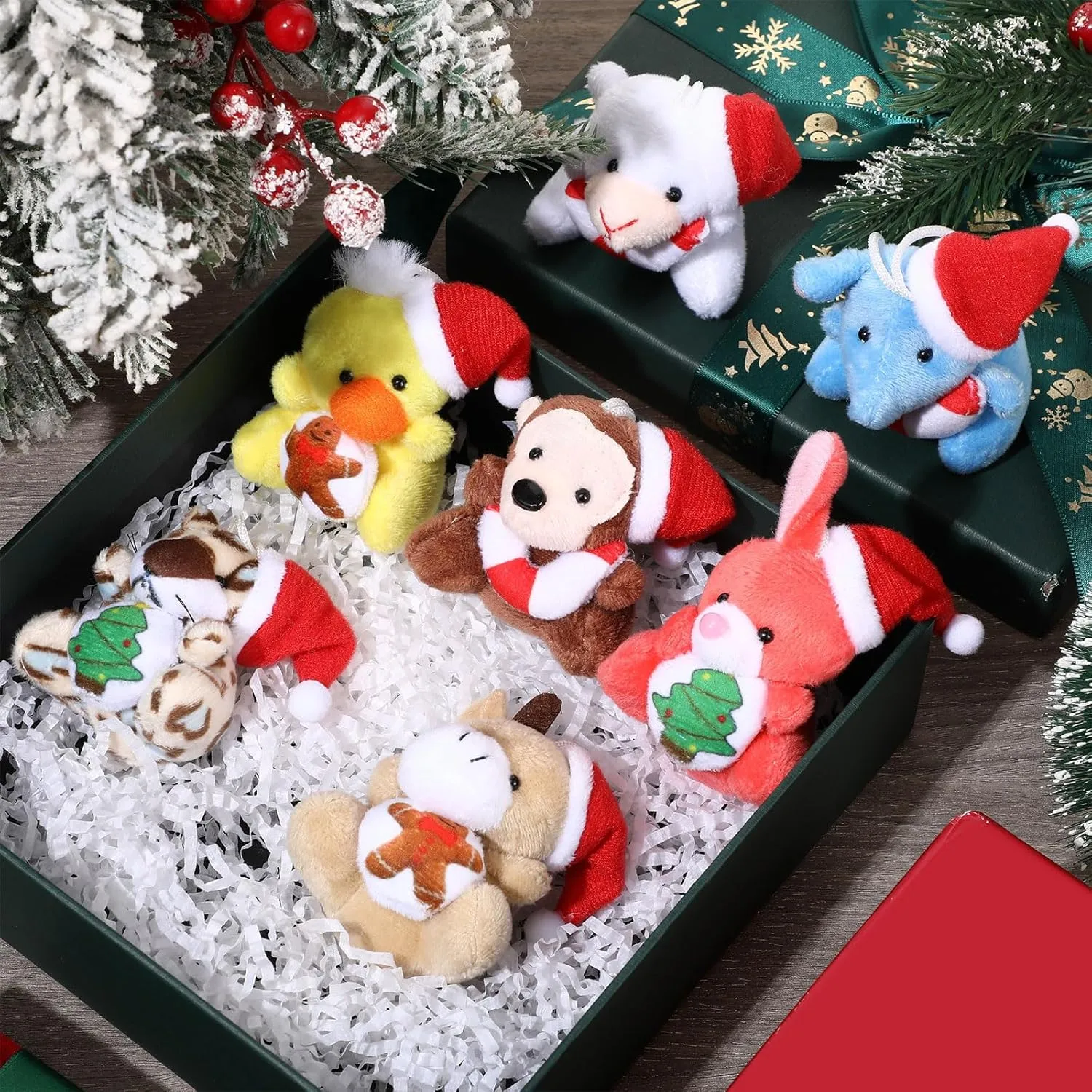 12 Pcs Mini Christmas Stuffed Animal Plush Toys Plush Keychain with Santa Hat Tiny Xmas Doll Ornaments Christmas Tree Decor for Party Favors Classroom Prize Stocking Fillers