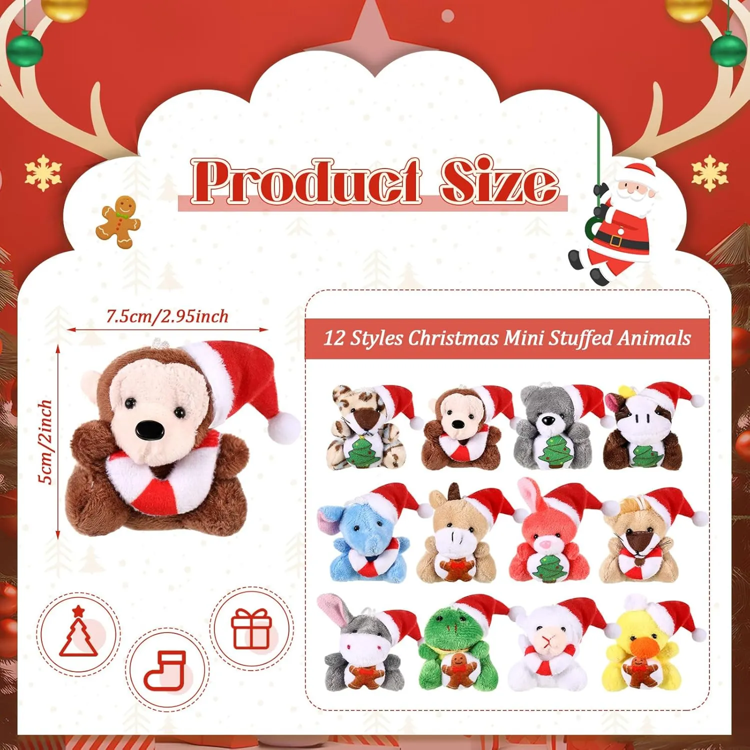 12 Pcs Mini Christmas Stuffed Animal Plush Toys Plush Keychain with Santa Hat Tiny Xmas Doll Ornaments Christmas Tree Decor for Party Favors Classroom Prize Stocking Fillers