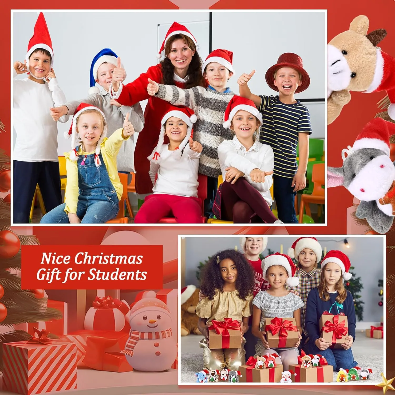 12 Pcs Mini Christmas Stuffed Animal Plush Toys Plush Keychain with Santa Hat Tiny Xmas Doll Ornaments Christmas Tree Decor for Party Favors Classroom Prize Stocking Fillers