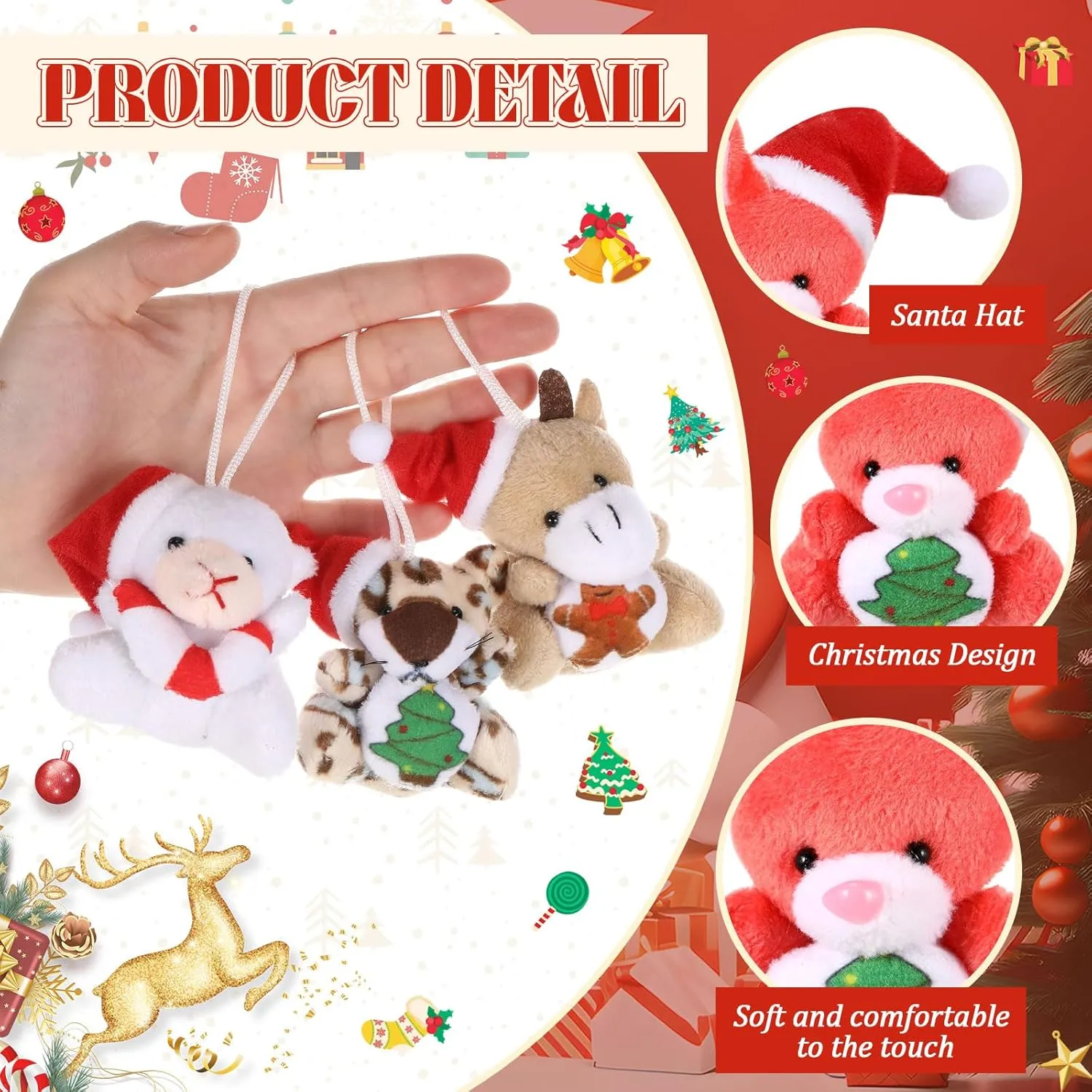 12 Pcs Mini Christmas Stuffed Animal Plush Toys Plush Keychain with Santa Hat Tiny Xmas Doll Ornaments Christmas Tree Decor for Party Favors Classroom Prize Stocking Fillers