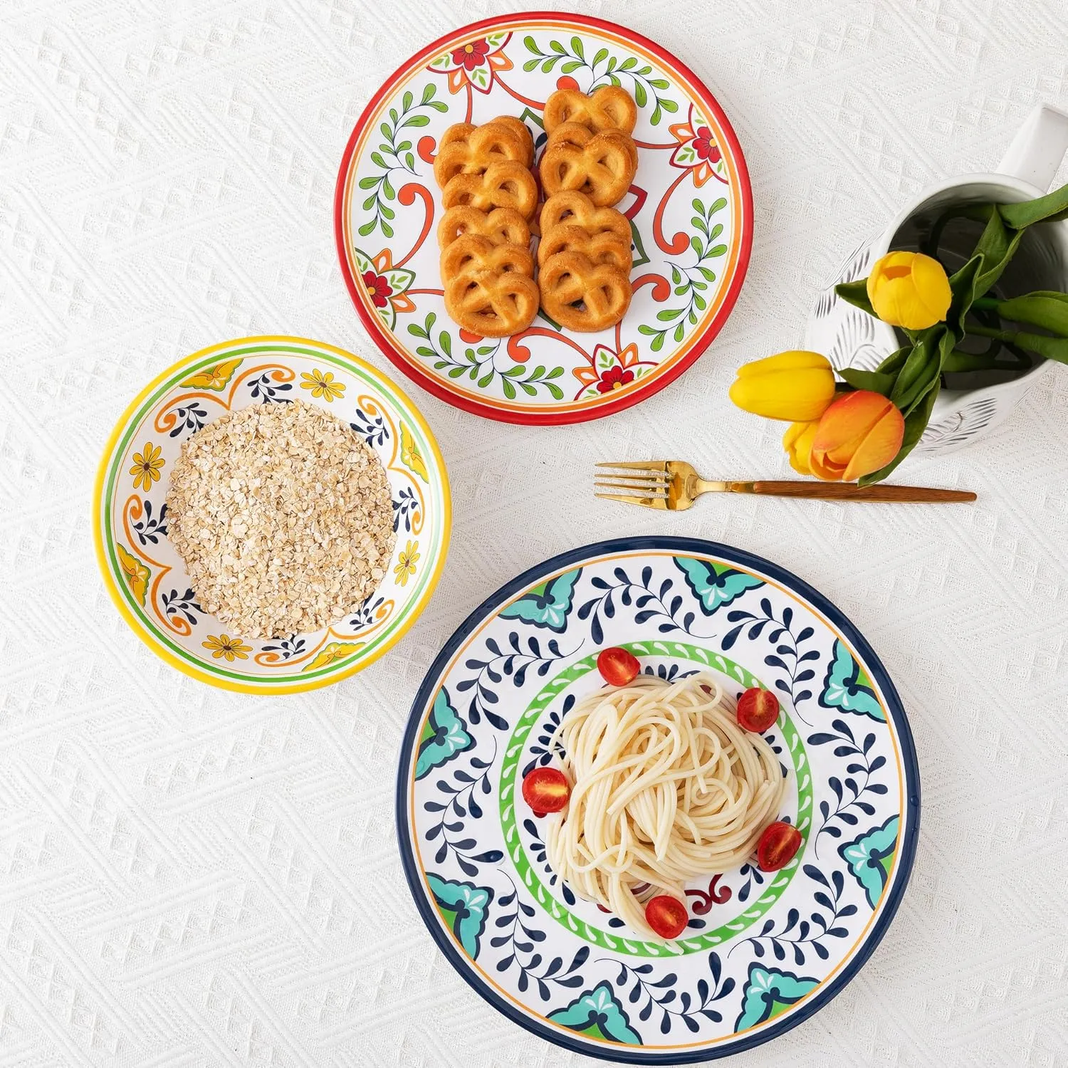 12 pcs Talavera Melamine Dinnerware Set, Service for 4 Melamine Plates and Bowls Set, Unbreakable Dishes Dinnerware Set, Great for RVs, Camping, BPA Free and Dishwasher Safe