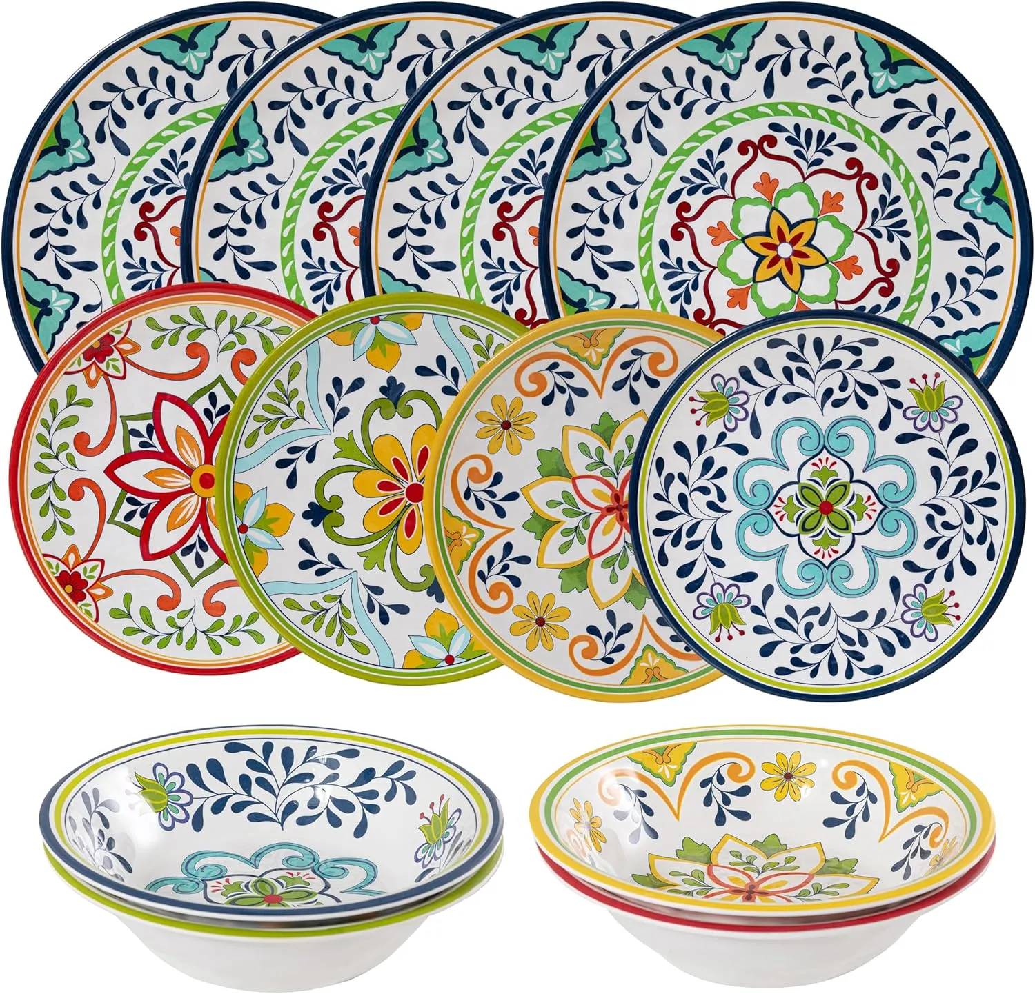 12 pcs Talavera Melamine Dinnerware Set, Service for 4 Melamine Plates and Bowls Set, Unbreakable Dishes Dinnerware Set, Great for RVs, Camping, BPA Free and Dishwasher Safe