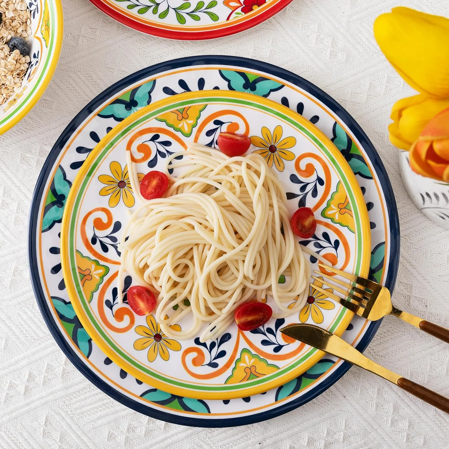 12 pcs Talavera Melamine Dinnerware Set, Service for 4 Melamine Plates and Bowls Set, Unbreakable Dishes Dinnerware Set, Great for RVs, Camping, BPA Free and Dishwasher Safe