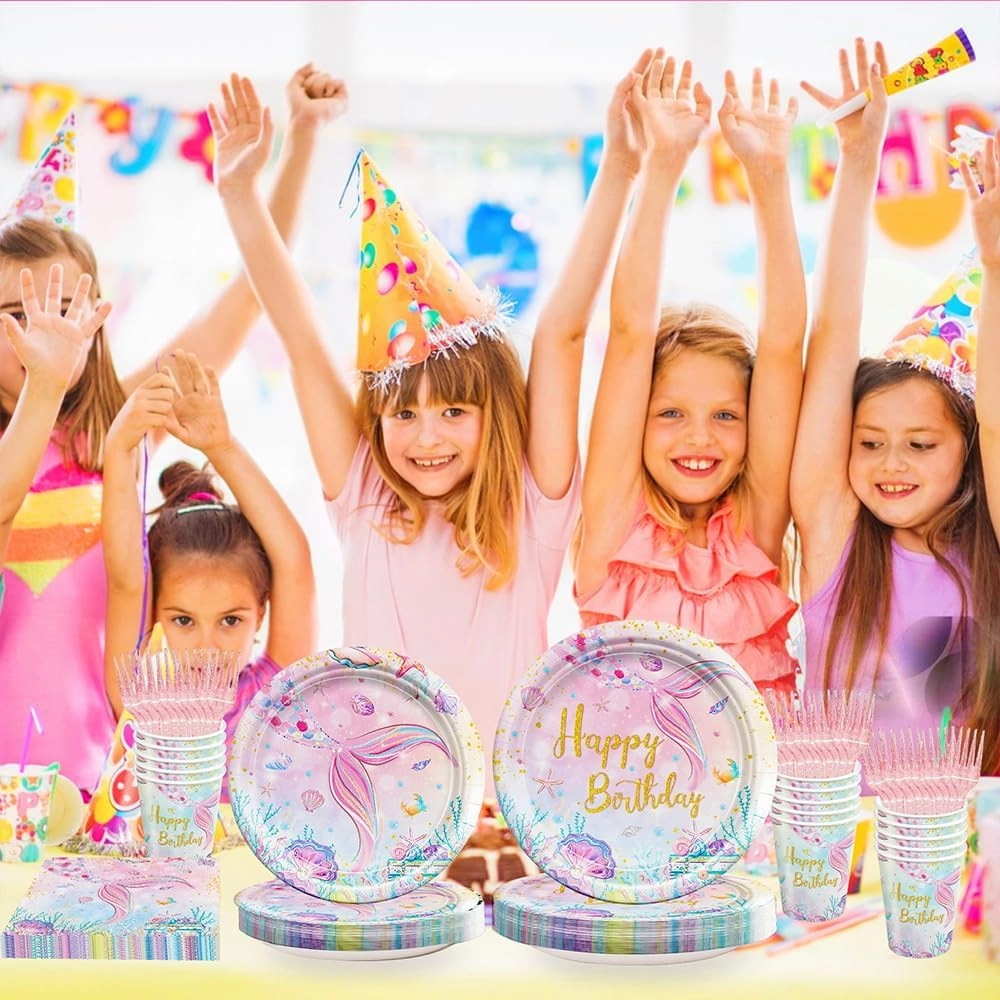 120Pcs Mermaid Birthday Party Plates Under the Sea Ocean Paper Disposable Tableware Set for Girls Kids Birthday Party Decorations Serve 24
