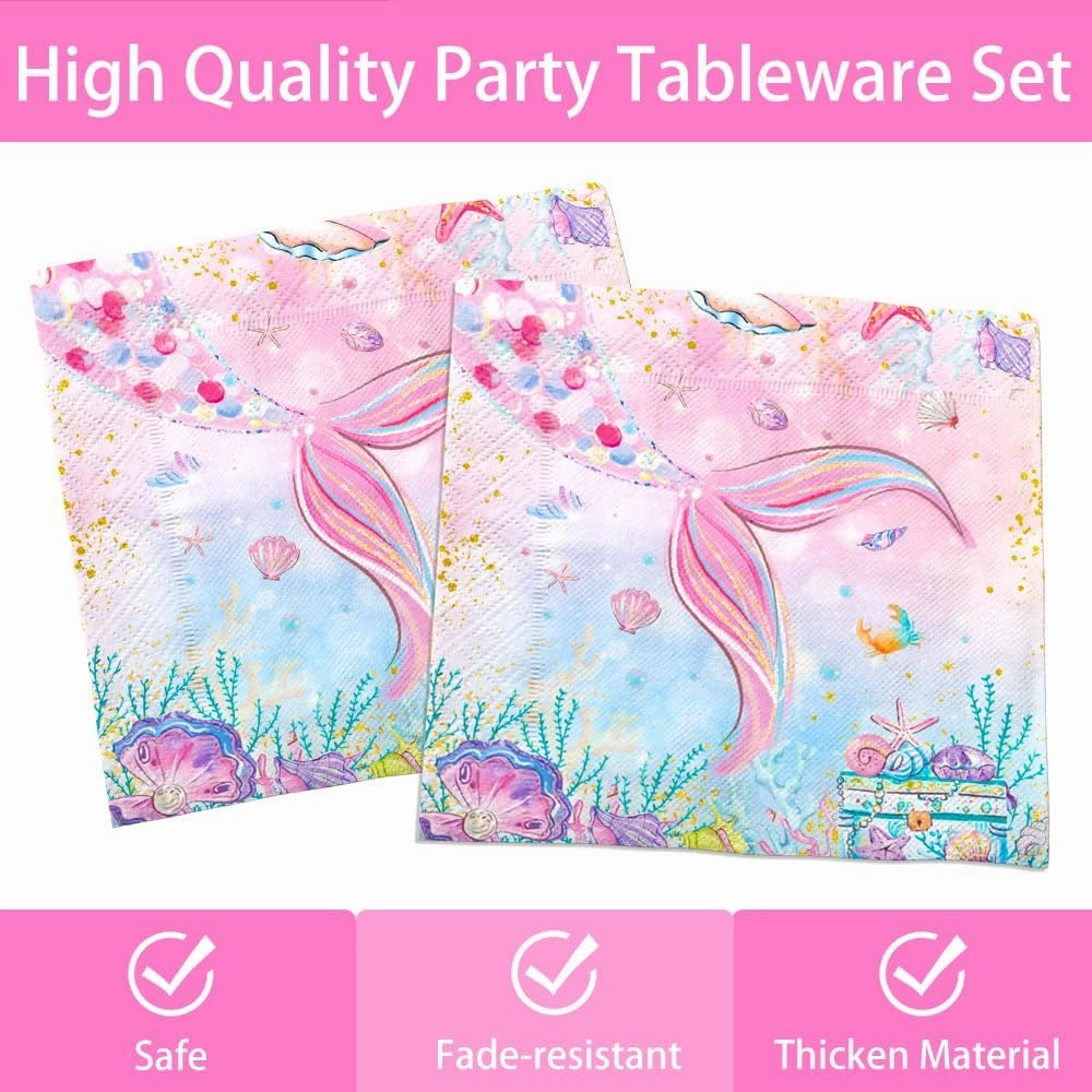 120Pcs Mermaid Birthday Party Plates Under the Sea Ocean Paper Disposable Tableware Set for Girls Kids Birthday Party Decorations Serve 24