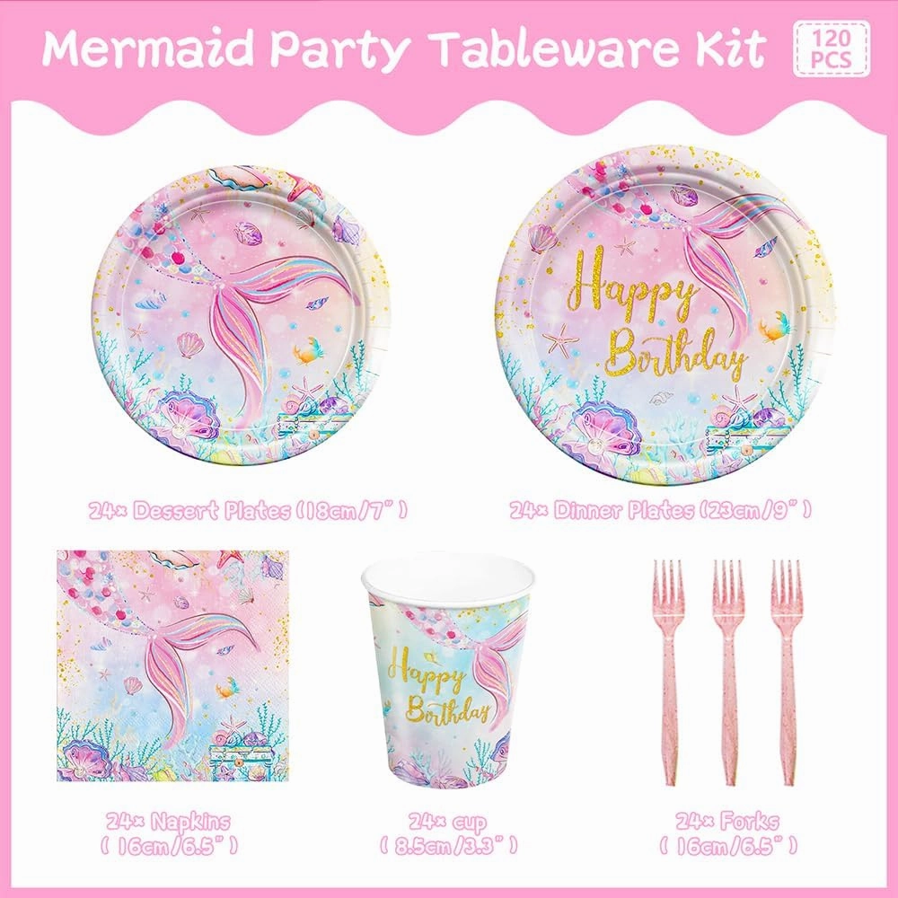 120Pcs Mermaid Birthday Party Plates Under the Sea Ocean Paper Disposable Tableware Set for Girls Kids Birthday Party Decorations Serve 24