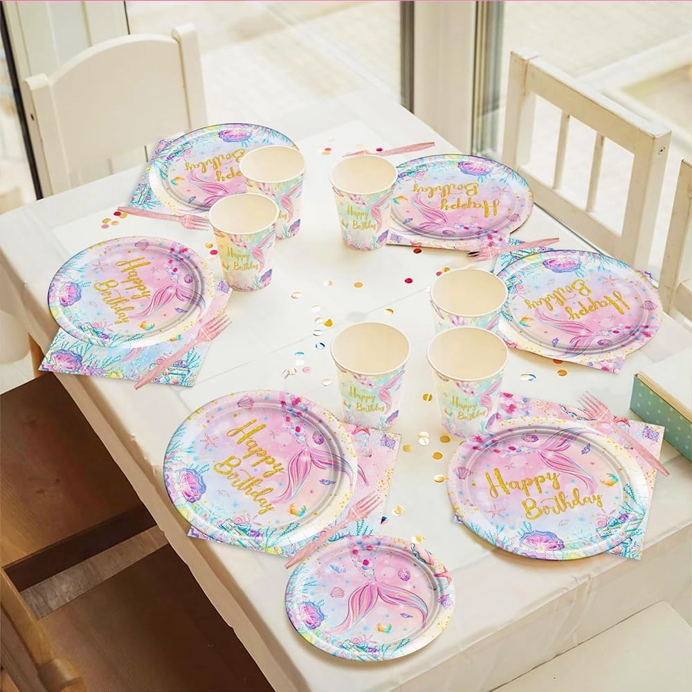 120Pcs Mermaid Birthday Party Plates Under the Sea Ocean Paper Disposable Tableware Set for Girls Kids Birthday Party Decorations Serve 24
