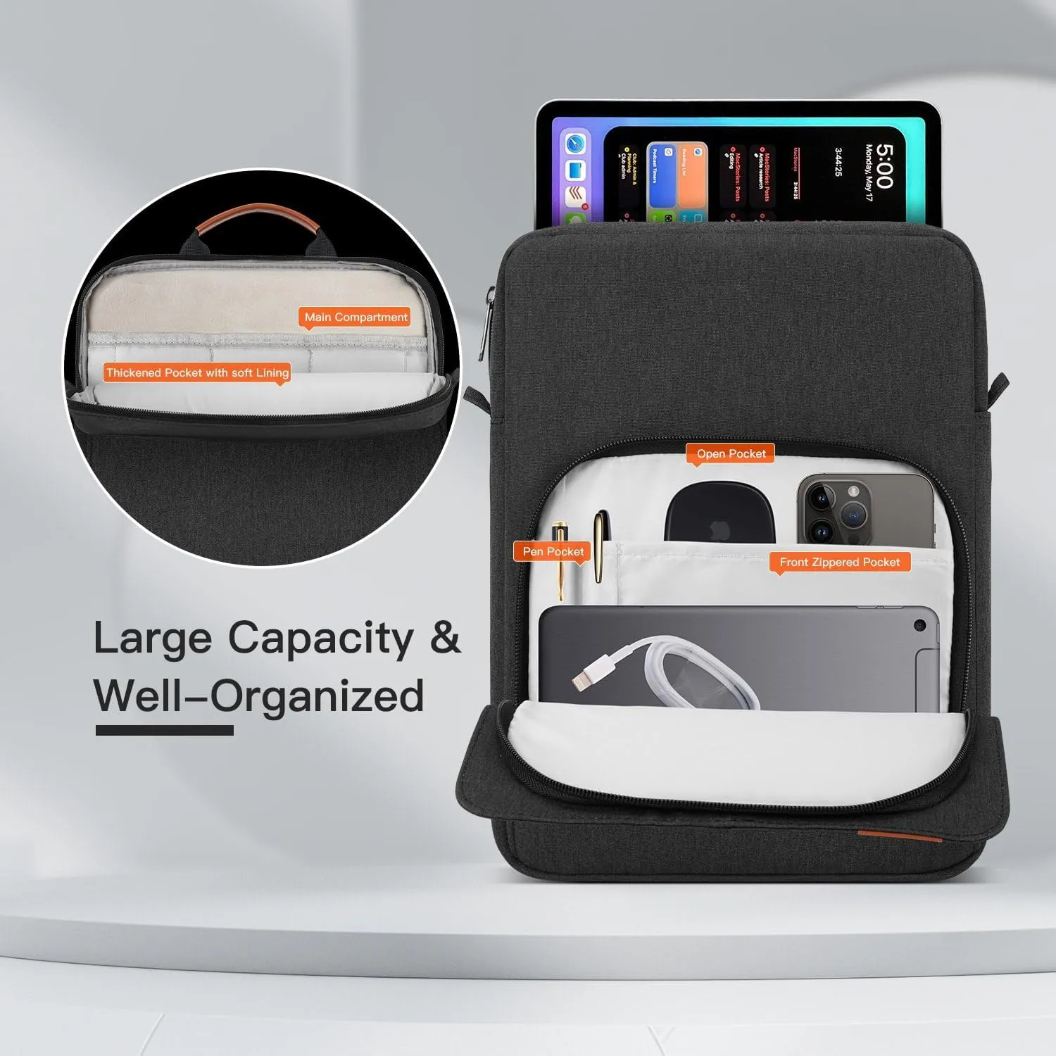 12.9-14 Inch Tablet Sleeve Shoulder Bag for 13 Inch New iPad Pro M4 & Air M2 M3 2025, 14" New MacBook Pro M3 Pro Max/ M3 M2 M1 Pro Max, Space Grey