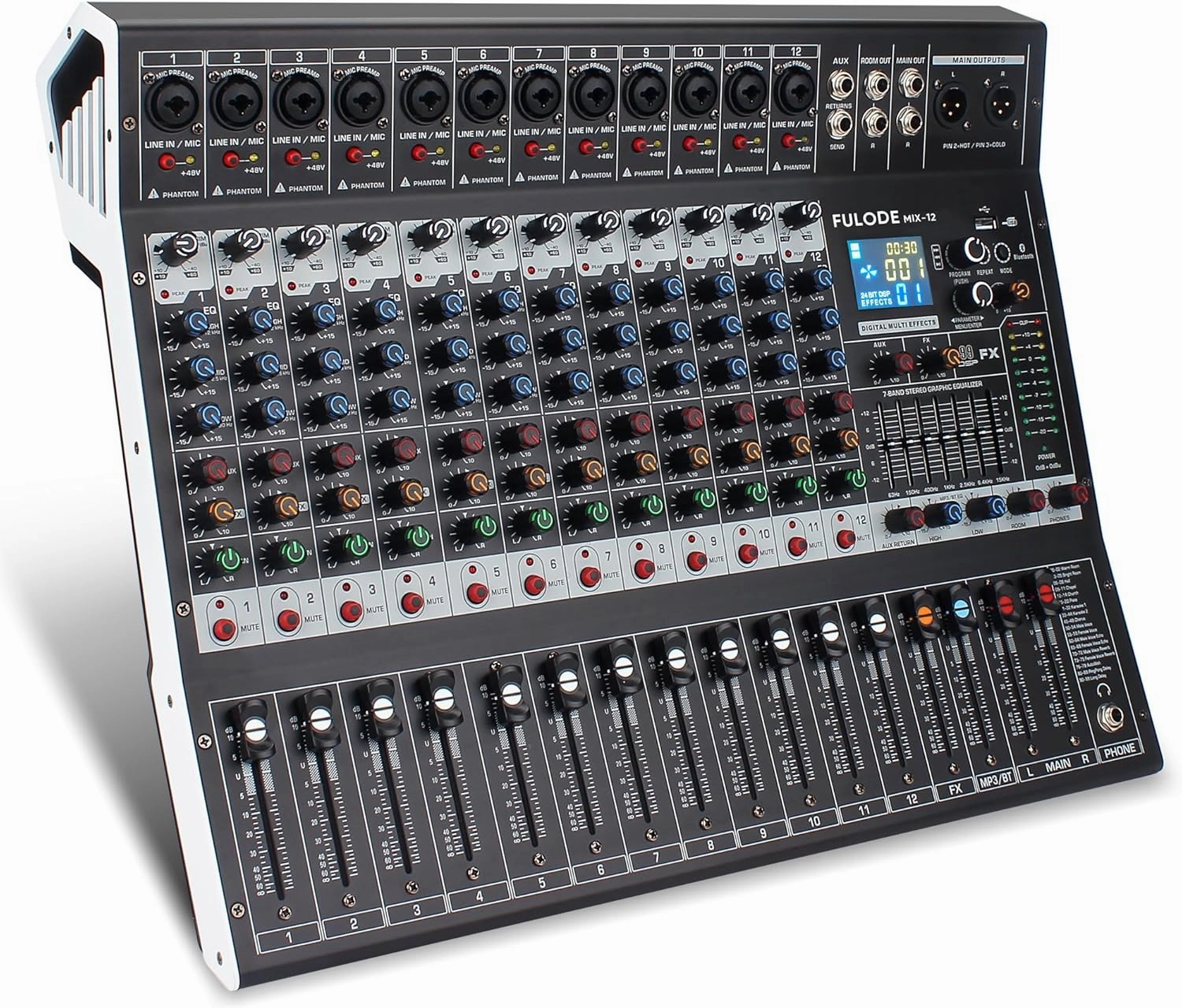 12-Channel Bluetooth Studio Audio Mixer 99 Bit DSP Digital Processor w/USB MP3 for PC Recording Input, RCA, XLR Microphone Jack, 48V Power, For Professional and Beginners DJ Mixer