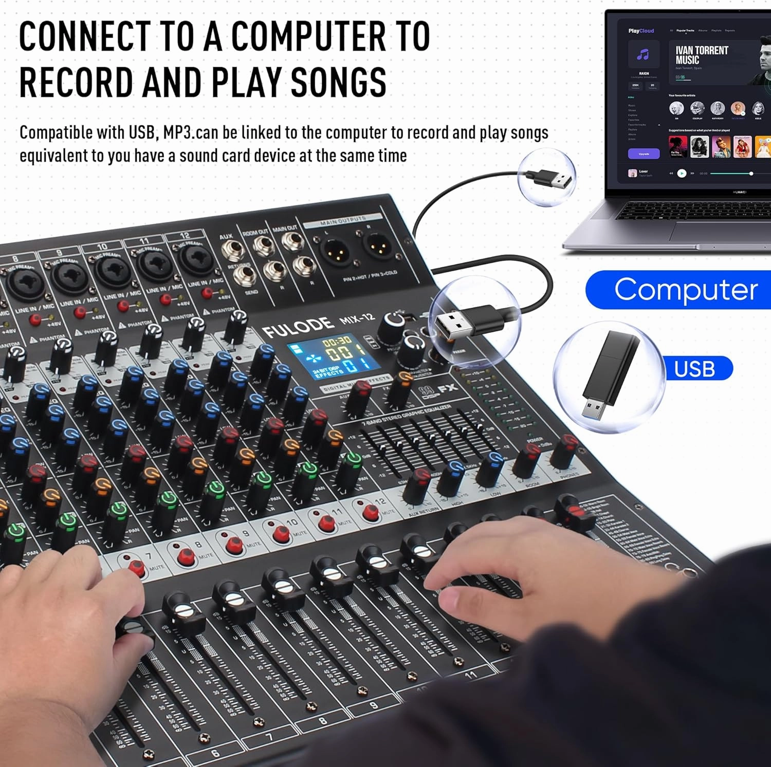 12-Channel Bluetooth Studio Audio Mixer 99 Bit DSP Digital Processor w/USB MP3 for PC Recording Input, RCA, XLR Microphone Jack, 48V Power, For Professional and Beginners DJ Mixer